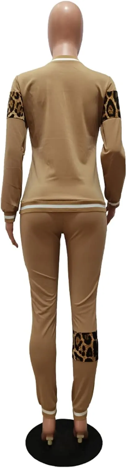 Alunzoem Womens Casual 2 Piece Outfits, Leopard Print Long Sleeve Top Pants Set Tracksuits