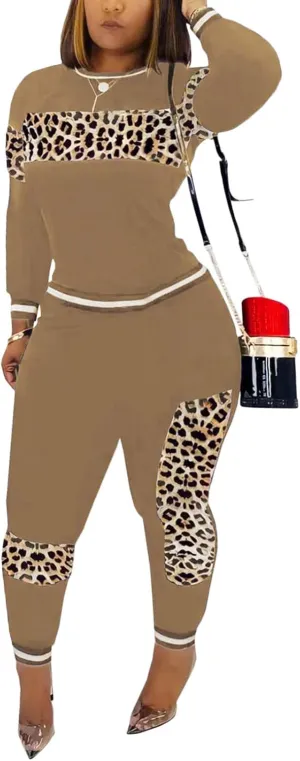 Alunzoem Womens Casual 2 Piece Outfits, Leopard Print Long Sleeve Top Pants Set Tracksuits