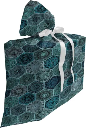 Ambesonne Abstract Gift Bag, Intricate Floral Style Patchwork Design in Dark Cold Tones Print, Fabric Party Favor Pouch with 3 Ribbons, 27, Cadet Blue Multicolor