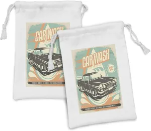 Ambesonne Cars Fabric Pouch Set of 2, Retro Car Wash Poster Mechanic Repair Cleaning Grunge Advertising, Small Drawstring Bag for Toiletries Masks and Favors, 9" x 6", Pale Orange Turquoise