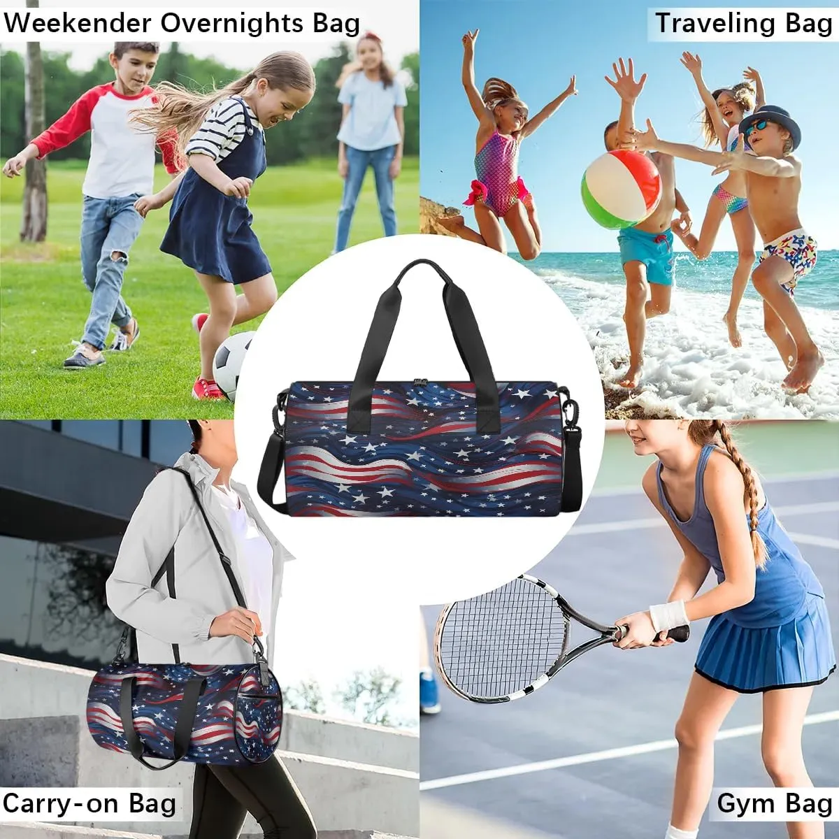 American Flag Stars Blue Red Stripe Dance Bags Weekender Bags Sport Duffel Bag Carry on Overnight Bag for Men Women