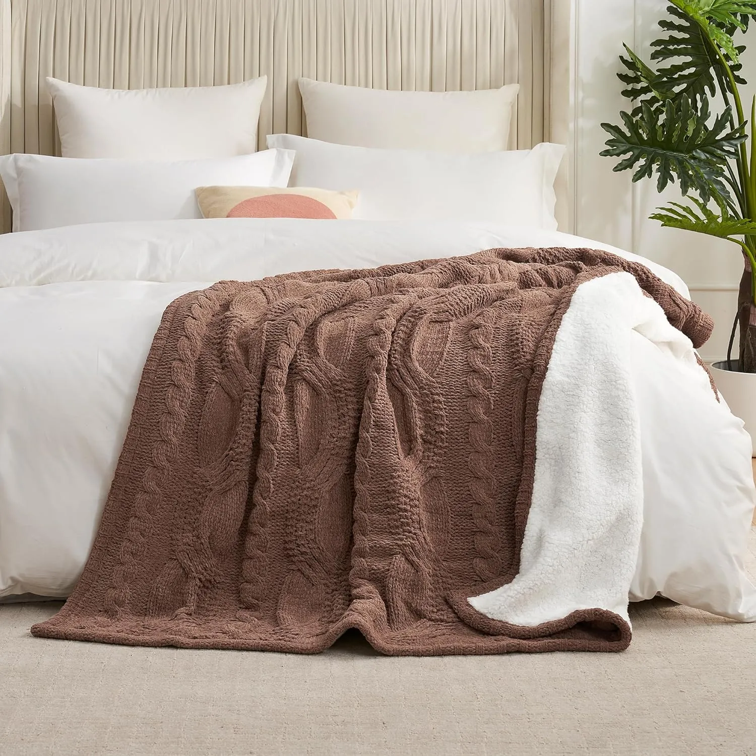 Amélie Home Cable Knit Sherpa Throw Blanket for Couch Twin, Chenille Reversible Soft Cozy Fleece Throw Blankets for Bed Sofa Chair Living Room Comfortable Home Spring Decor, 60"x80", Brown