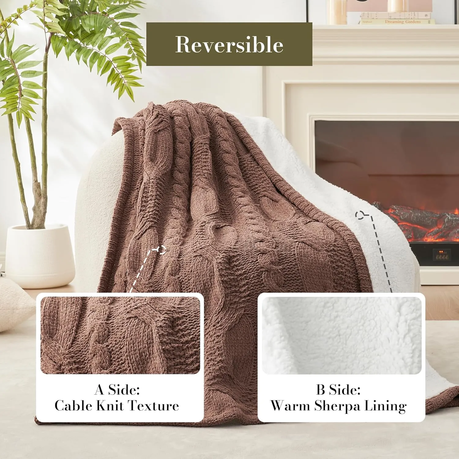 Amélie Home Cable Knit Sherpa Throw Blanket for Couch Twin, Chenille Reversible Soft Cozy Fleece Throw Blankets for Bed Sofa Chair Living Room Comfortable Home Spring Decor, 60"x80", Brown