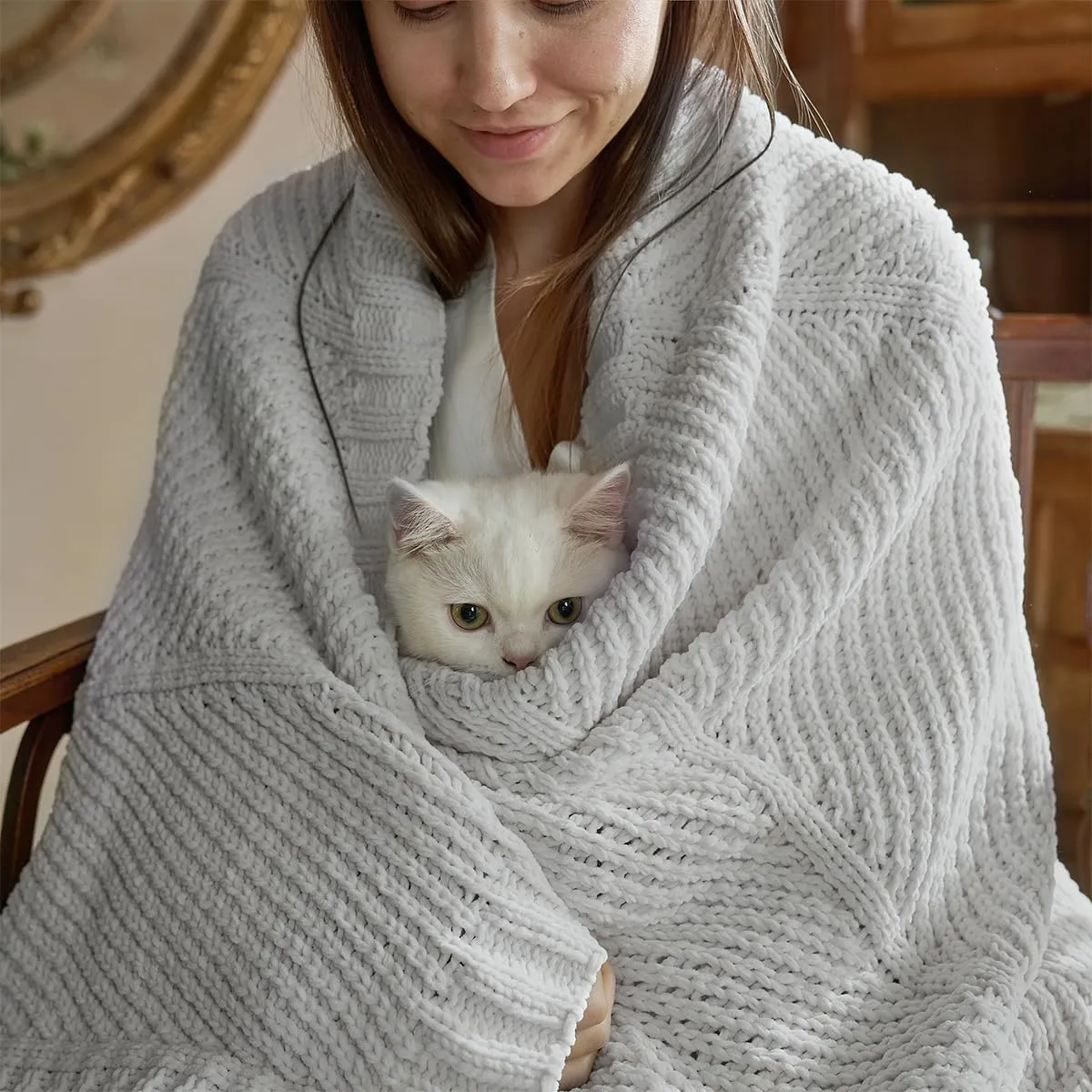 Amélie Home Chenille Knit Throw Blanket for Couch, Chevron Texture Decorative Soft Blanket for Sofa, Bed & Chair, 50"x60", Light Grey