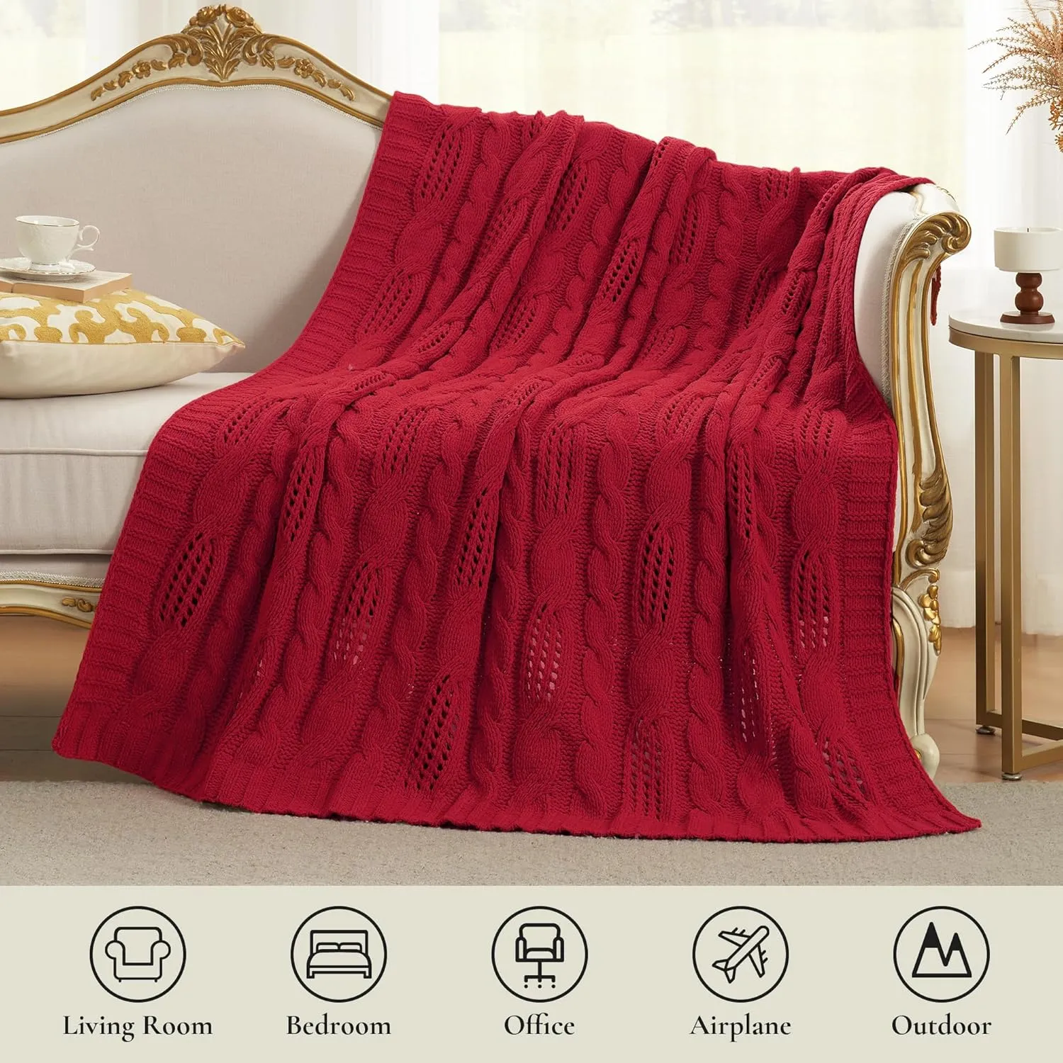 Amélie Home Chunky Knit Chenille Throw Blanket, Breathable Cable Knitted Blanket for Couch, Farmhouse Decorative Throw for Sofa Chair Bed, 50"x60", Red