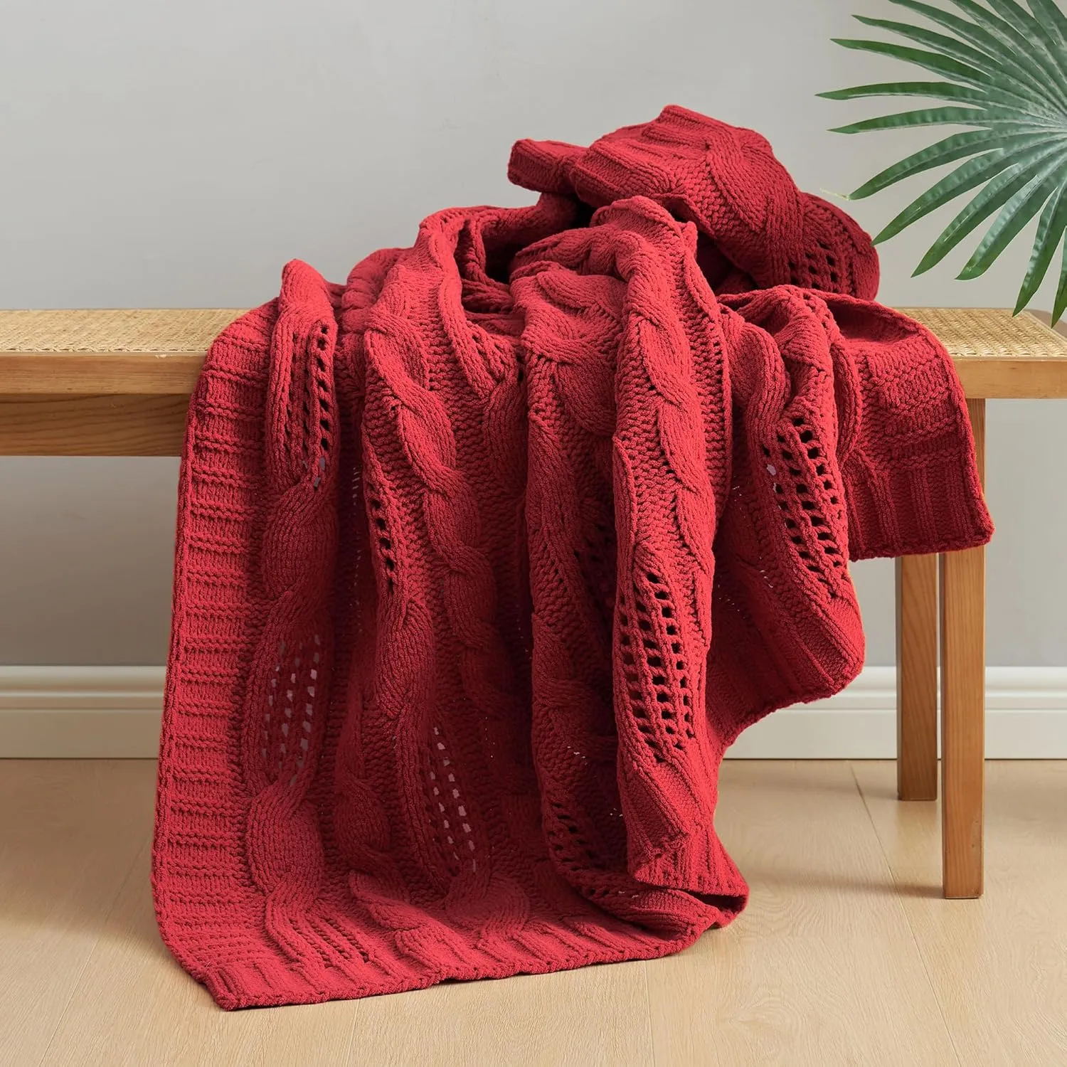 Amélie Home Chunky Knit Chenille Throw Blanket, Breathable Cable Knitted Blanket for Couch, Farmhouse Decorative Throw for Sofa Chair Bed, 50"x60", Red