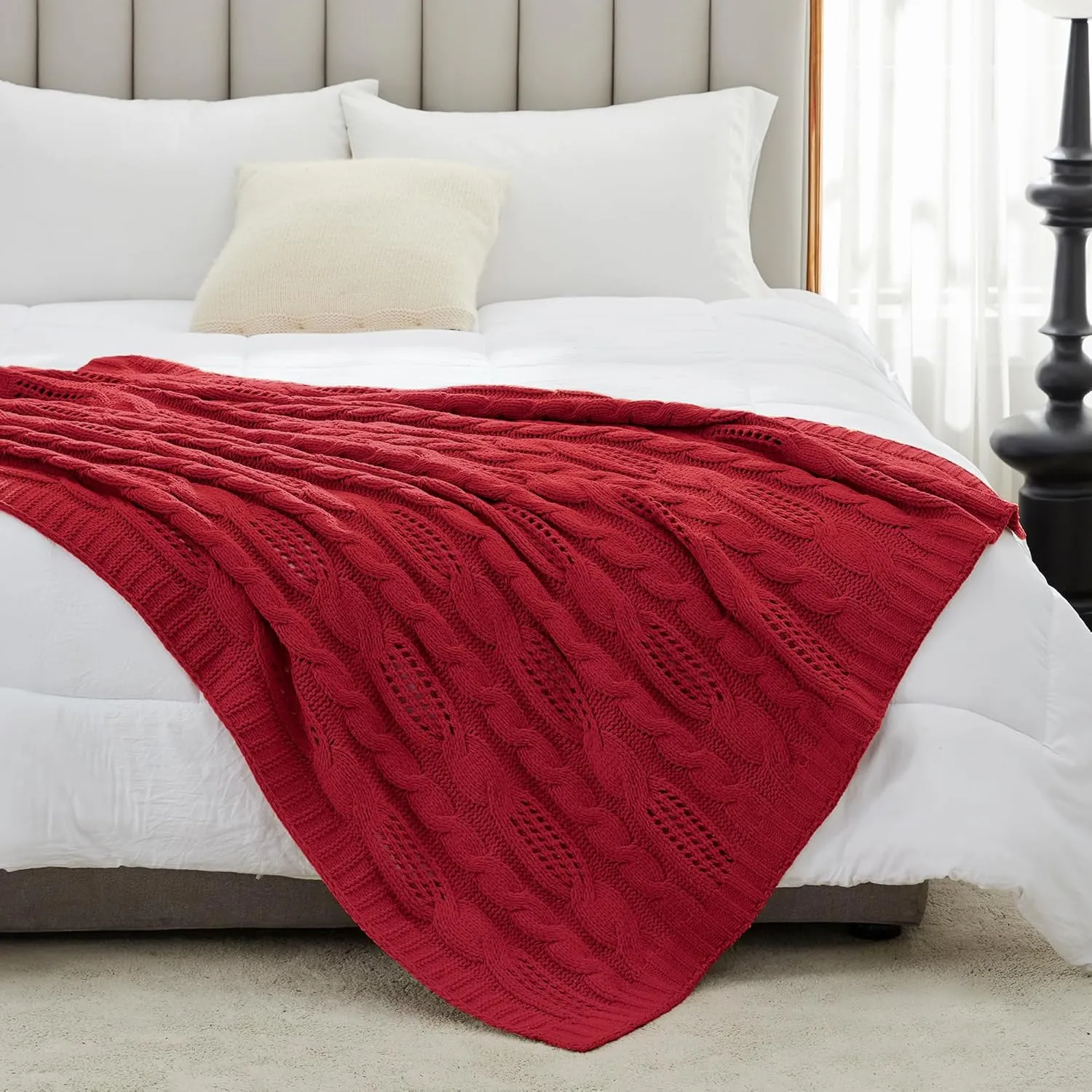 Amélie Home Chunky Knit Chenille Throw Blanket, Breathable Cable Knitted Blanket for Couch, Farmhouse Decorative Throw for Sofa Chair Bed, 50"x60", Red
