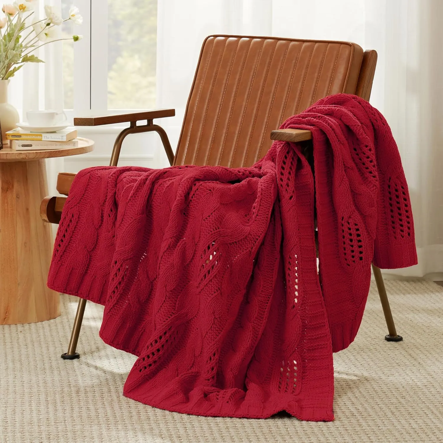 Amélie Home Chunky Knit Chenille Throw Blanket, Breathable Cable Knitted Blanket for Couch, Farmhouse Decorative Throw for Sofa Chair Bed, 50"x60", Red