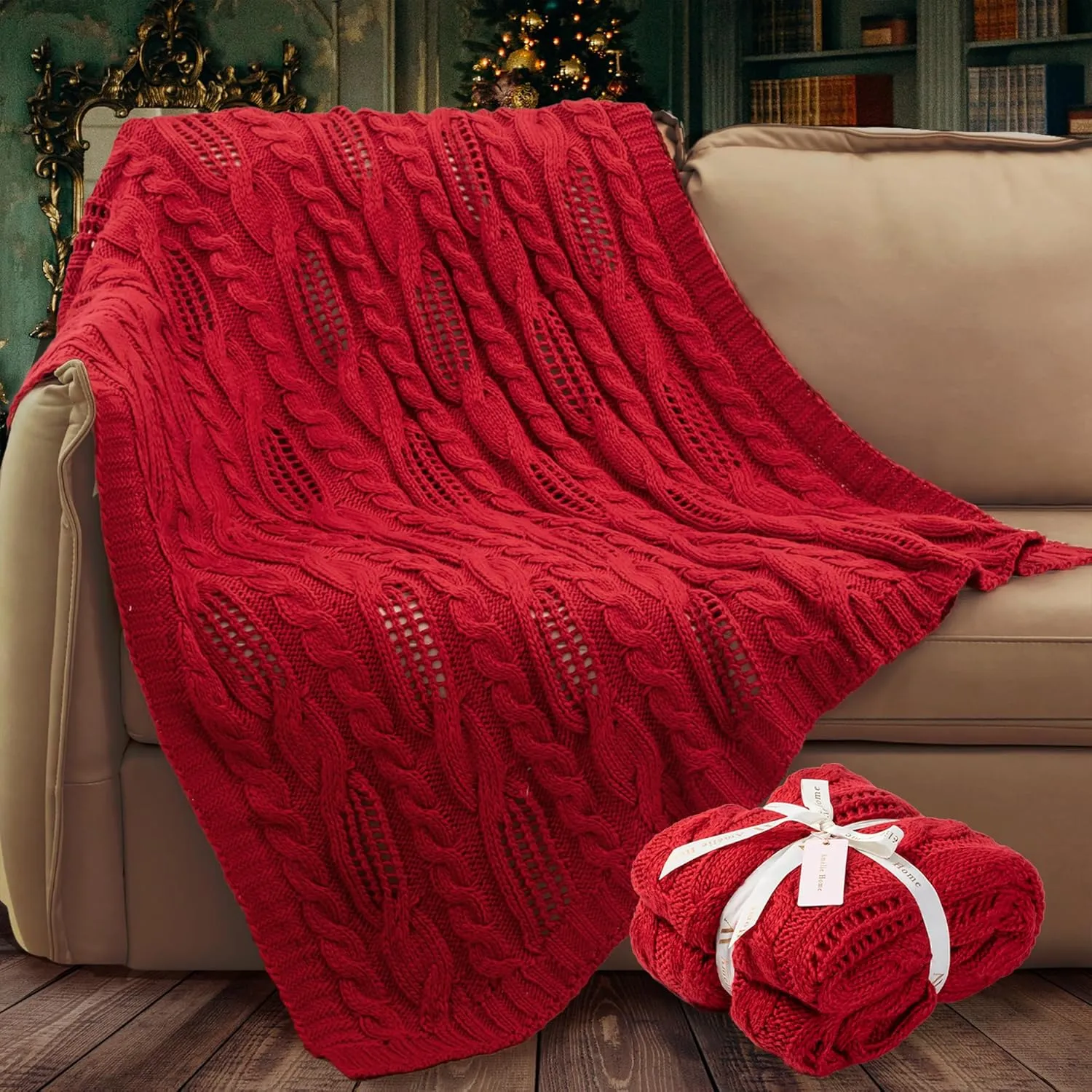 Amélie Home Chunky Knit Chenille Throw Blanket, Breathable Cable Knitted Blanket for Couch, Farmhouse Decorative Throw for Sofa Chair Bed, 50"x60", Red