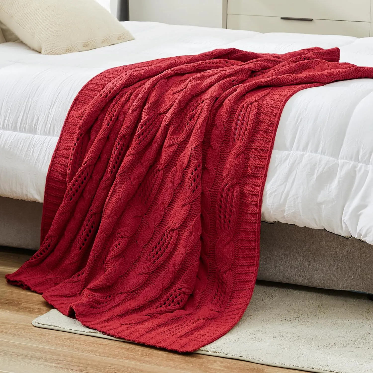 Amélie Home Chunky Knit Chenille Throw Blanket, Breathable Cable Knitted Blanket for Couch, Farmhouse Decorative Throw for Sofa Chair Bed, 50"x60", Red
