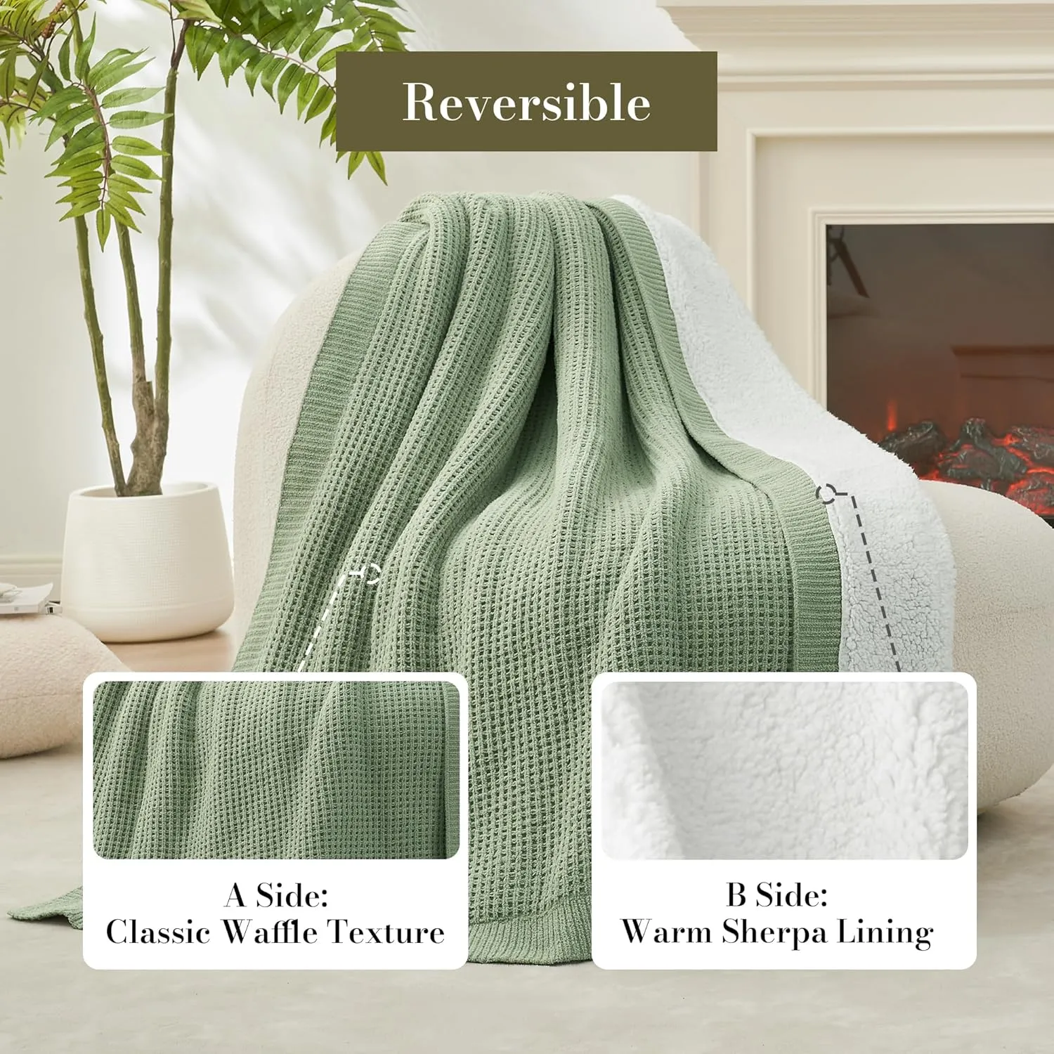 Amélie Home Waffle Weave Sherpa Throw Blanket for Couch Bed Twin- Reversible Fleece Chenille Fuzzy Soft Cozy Fluffy Blankets Sofa Chair Living Room Bedroom Home Spring Decor, 60"x80", Sage Green