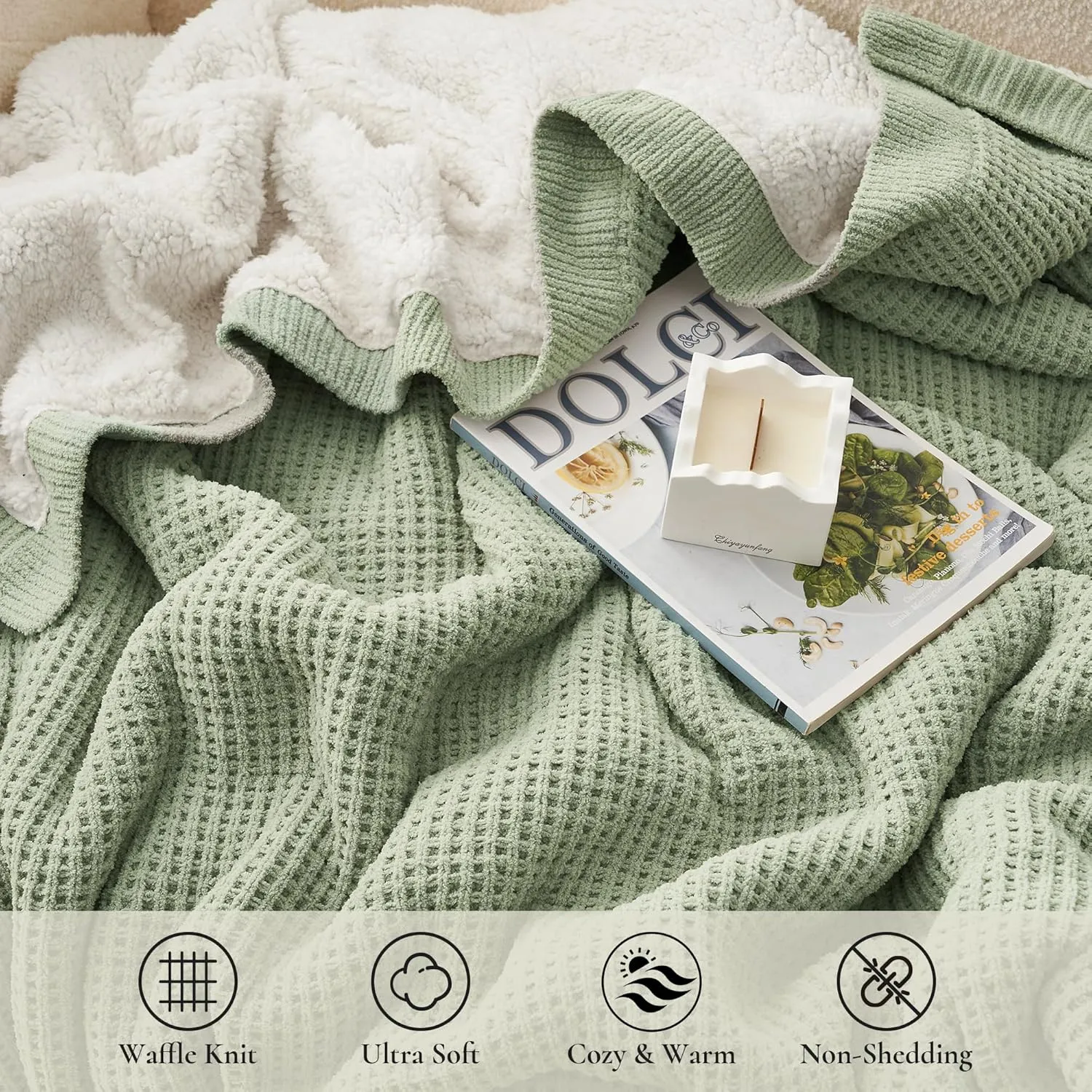 Amélie Home Waffle Weave Sherpa Throw Blanket for Couch Bed Twin- Reversible Fleece Chenille Fuzzy Soft Cozy Fluffy Blankets Sofa Chair Living Room Bedroom Home Spring Decor, 60"x80", Sage Green