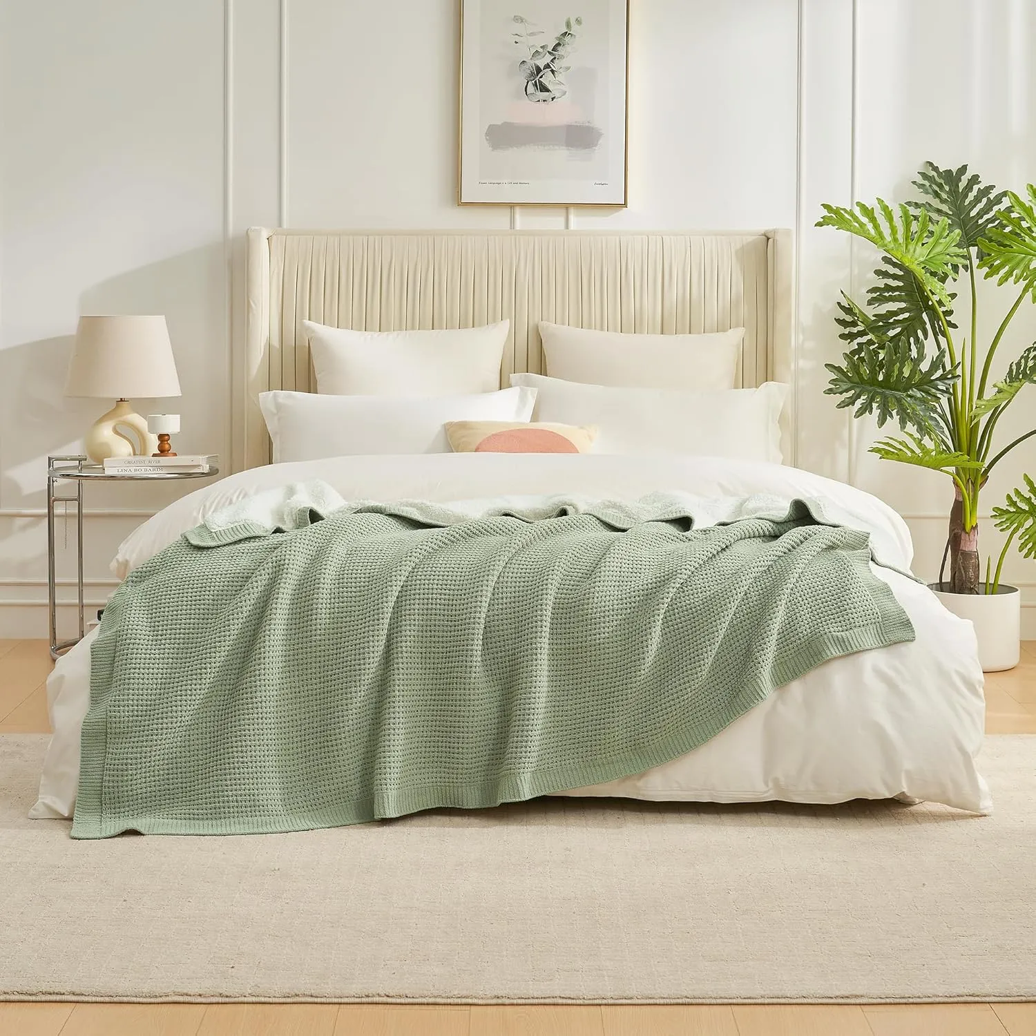 Amélie Home Waffle Weave Sherpa Throw Blanket for Couch Bed Twin- Reversible Fleece Chenille Fuzzy Soft Cozy Fluffy Blankets Sofa Chair Living Room Bedroom Home Spring Decor, 60"x80", Sage Green