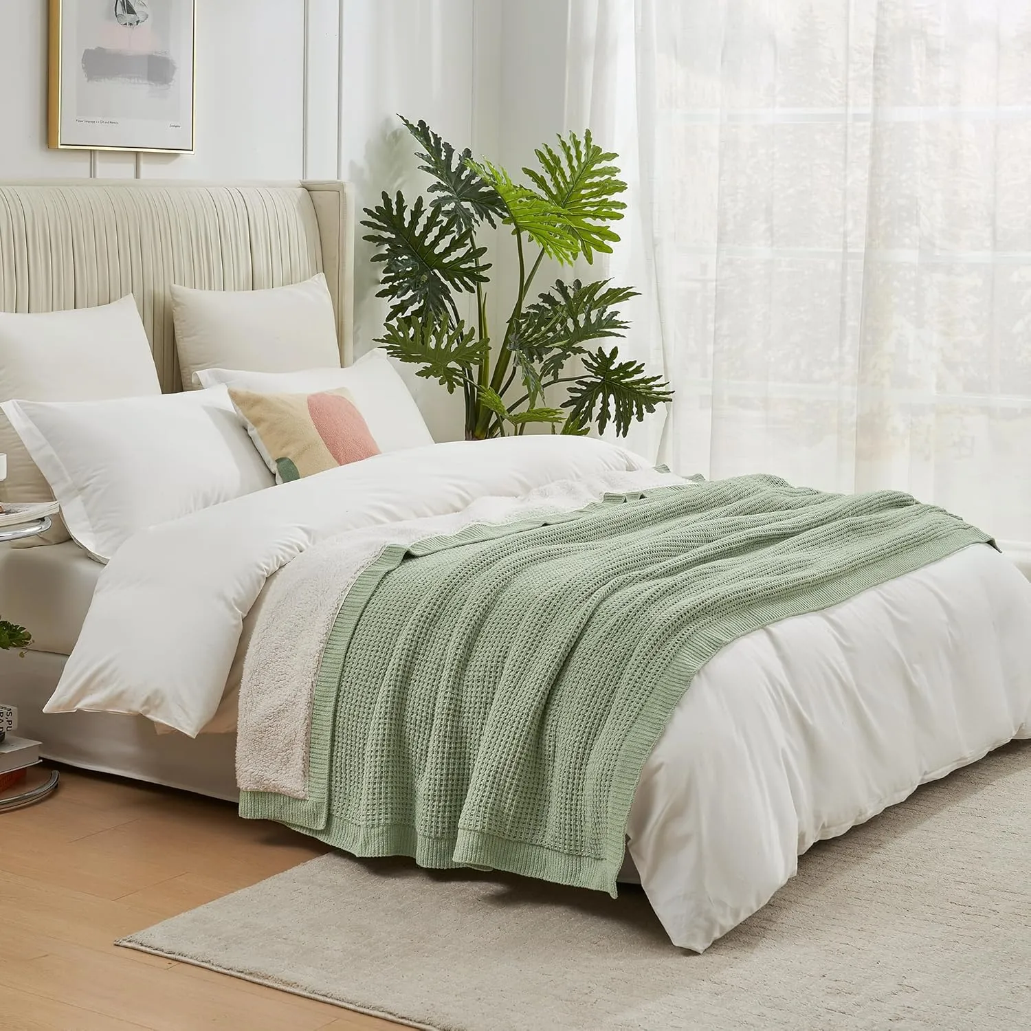 Amélie Home Waffle Weave Sherpa Throw Blanket for Couch Bed Twin- Reversible Fleece Chenille Fuzzy Soft Cozy Fluffy Blankets Sofa Chair Living Room Bedroom Home Spring Decor, 60"x80", Sage Green