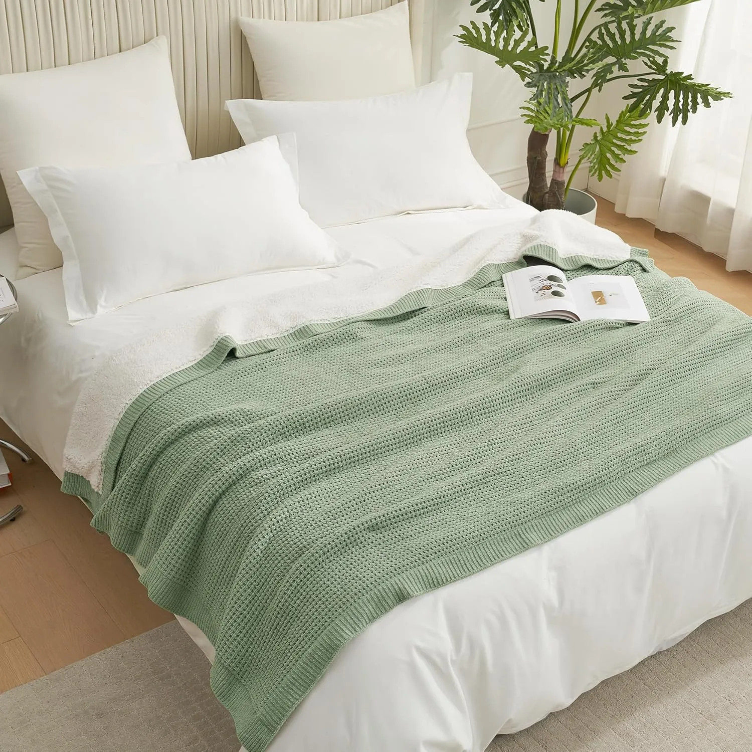 Amélie Home Waffle Weave Sherpa Throw Blanket for Couch Bed Twin- Reversible Fleece Chenille Fuzzy Soft Cozy Fluffy Blankets Sofa Chair Living Room Bedroom Home Spring Decor, 60"x80", Sage Green