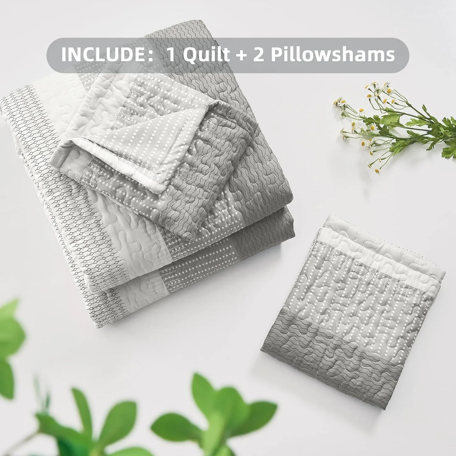 Andency Grey Striped Quilt King(106x96Inch), 3 Pieces (1 Quilt and 2 Pillowcases) Patchwork Bedspread Coverlet Set, Soft Microfiber Quilted Bedding Set