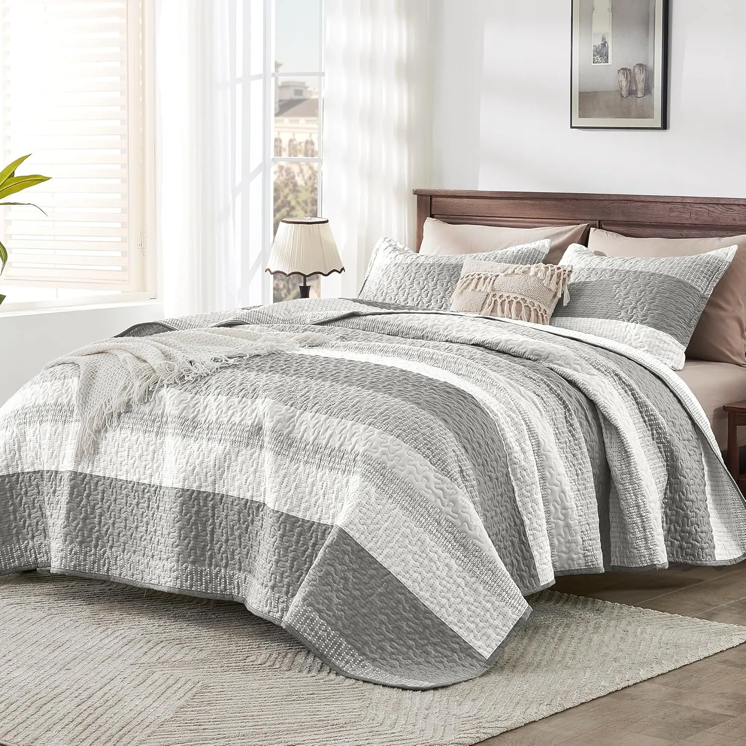 Andency Grey Striped Quilt King(106x96Inch), 3 Pieces (1 Quilt and 2 Pillowcases) Patchwork Bedspread Coverlet Set, Soft Microfiber Quilted Bedding Set