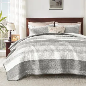 Andency Grey Striped Quilt King(106x96Inch), 3 Pieces (1 Quilt and 2 Pillowcases) Patchwork Bedspread Coverlet Set, Soft Microfiber Quilted Bedding Set