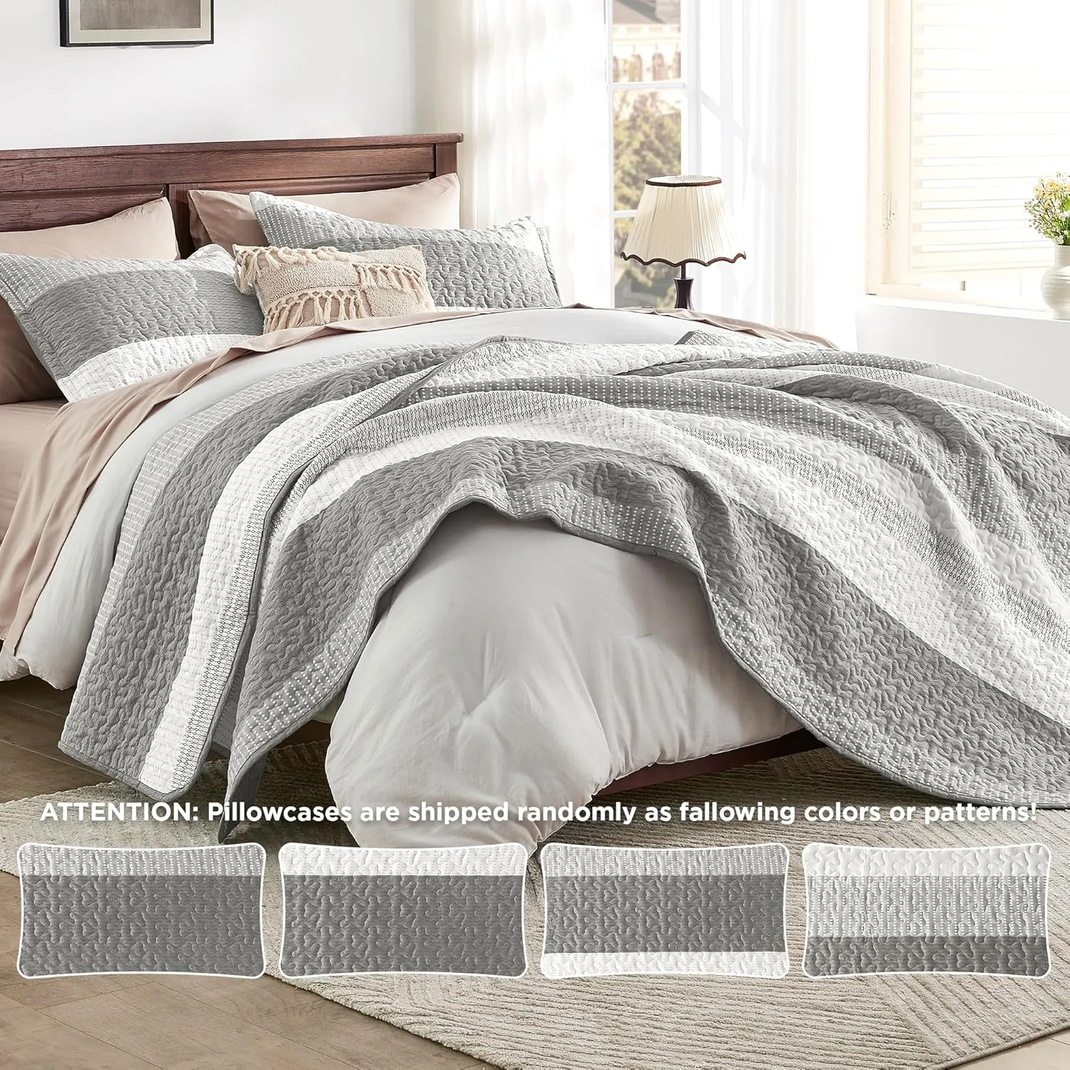 Andency Grey Striped Quilt King(106x96Inch), 3 Pieces (1 Quilt and 2 Pillowcases) Patchwork Bedspread Coverlet Set, Soft Microfiber Quilted Bedding Set