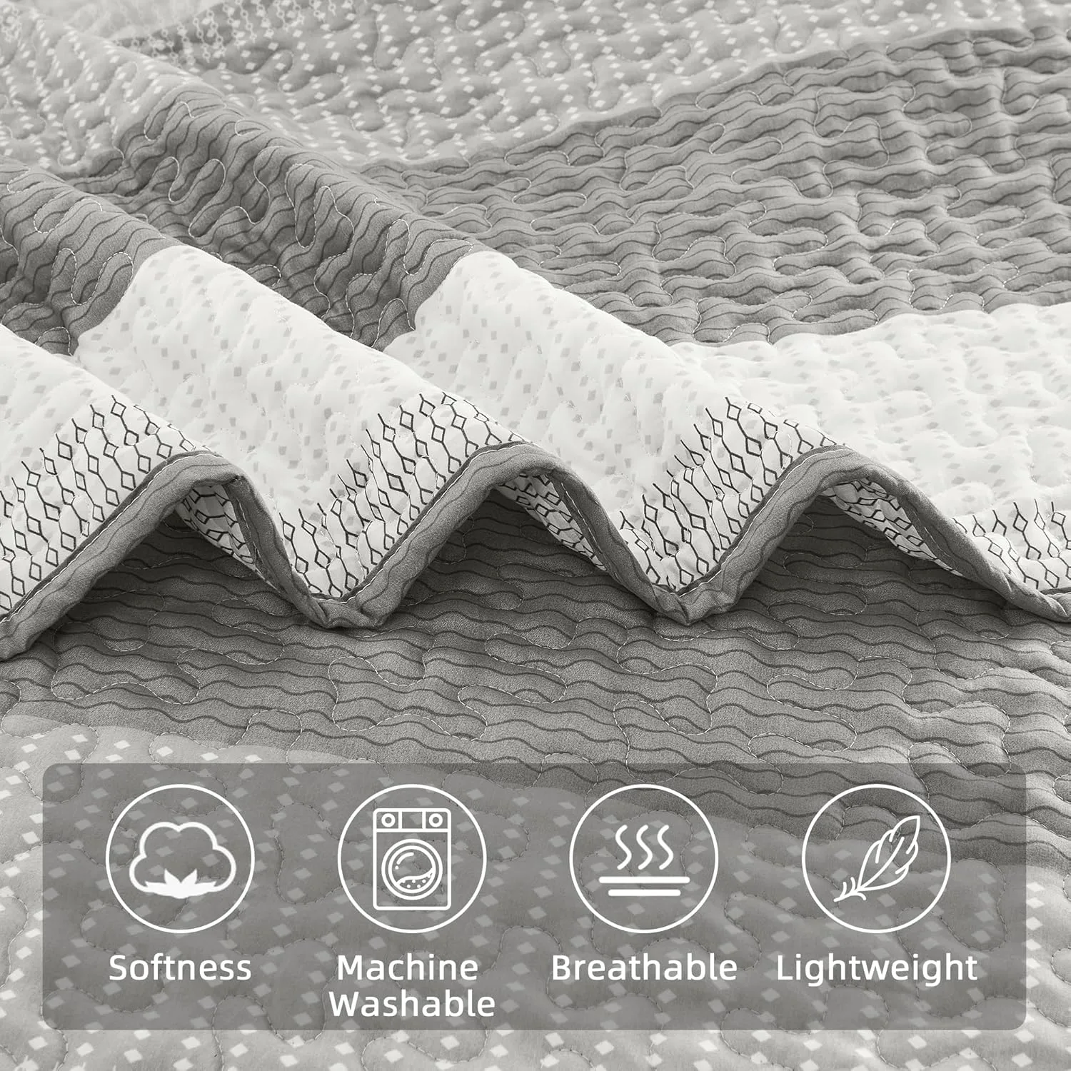Andency Grey Striped Quilt King(106x96Inch), 3 Pieces (1 Quilt and 2 Pillowcases) Patchwork Bedspread Coverlet Set, Soft Microfiber Quilted Bedding Set