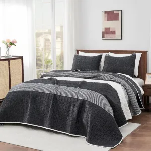 Andency King Size Quilt Set Black and White, 3 Pieces Grey Ultra Soft Lightweight Bedspreads & Coverlets Set, Patchwork Striped Quilted Bedding Sets for All Seasons (1 Quilt, 2 Pillow Shams)