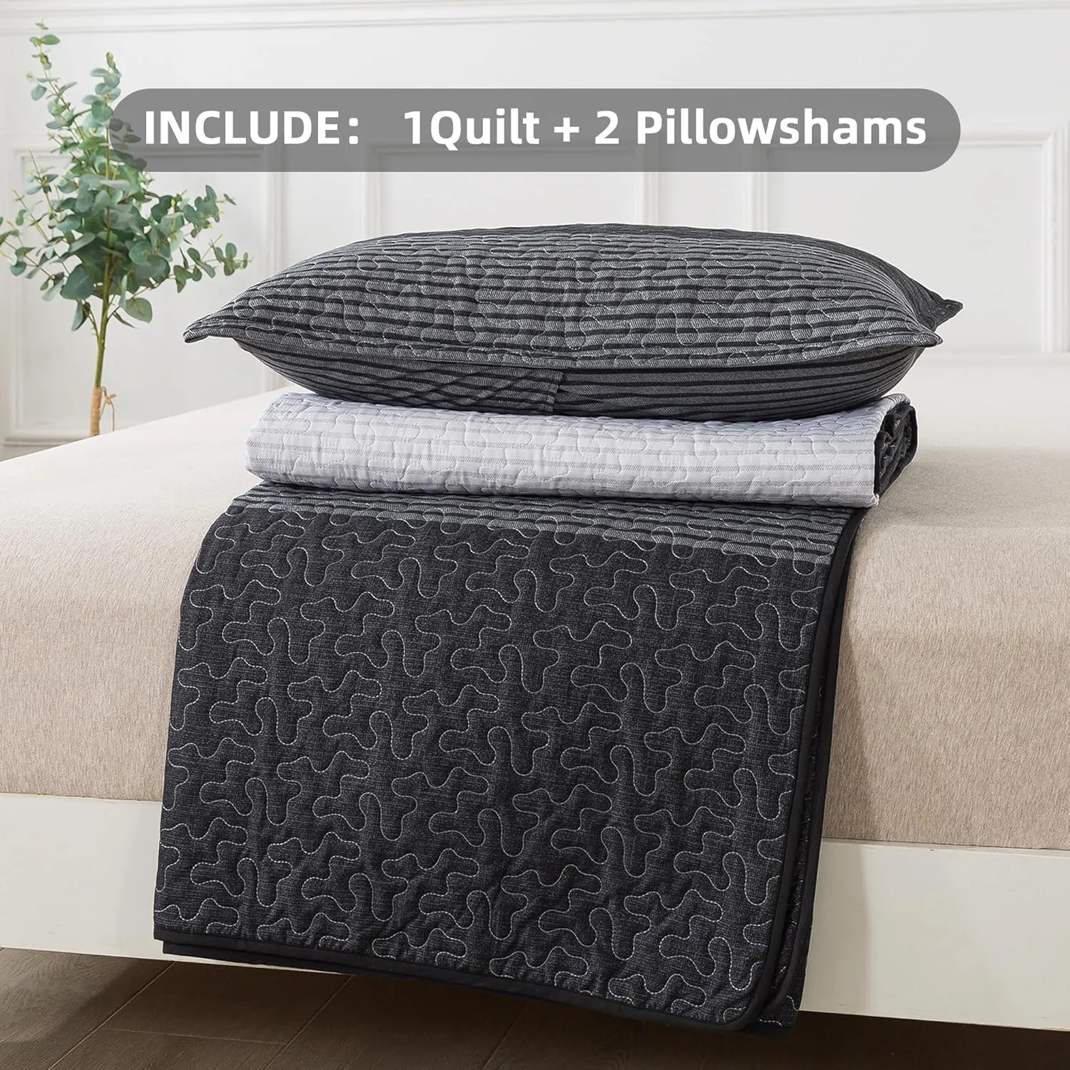 Andency King Size Quilt Set Black and White, 3 Pieces Grey Ultra Soft Lightweight Bedspreads & Coverlets Set, Patchwork Striped Quilted Bedding Sets for All Seasons (1 Quilt, 2 Pillow Shams)