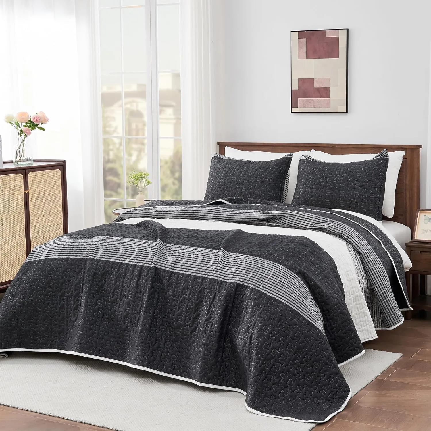 Andency King Size Quilt Set Black and White, 3 Pieces Grey Ultra Soft Lightweight Bedspreads & Coverlets Set, Patchwork Striped Quilted Bedding Sets for All Seasons (1 Quilt, 2 Pillow Shams)