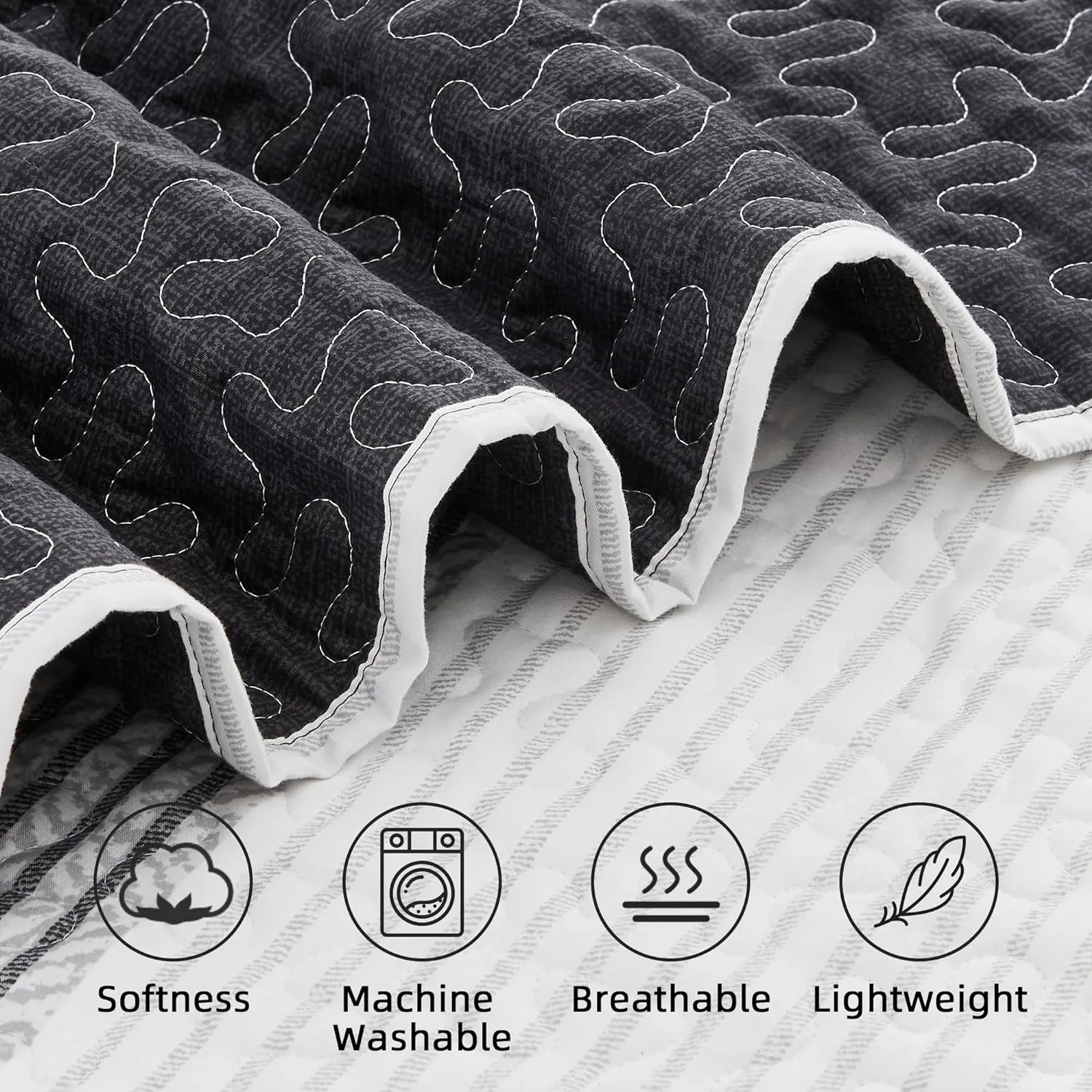 Andency King Size Quilt Set Black and White, 3 Pieces Grey Ultra Soft Lightweight Bedspreads & Coverlets Set, Patchwork Striped Quilted Bedding Sets for All Seasons (1 Quilt, 2 Pillow Shams)