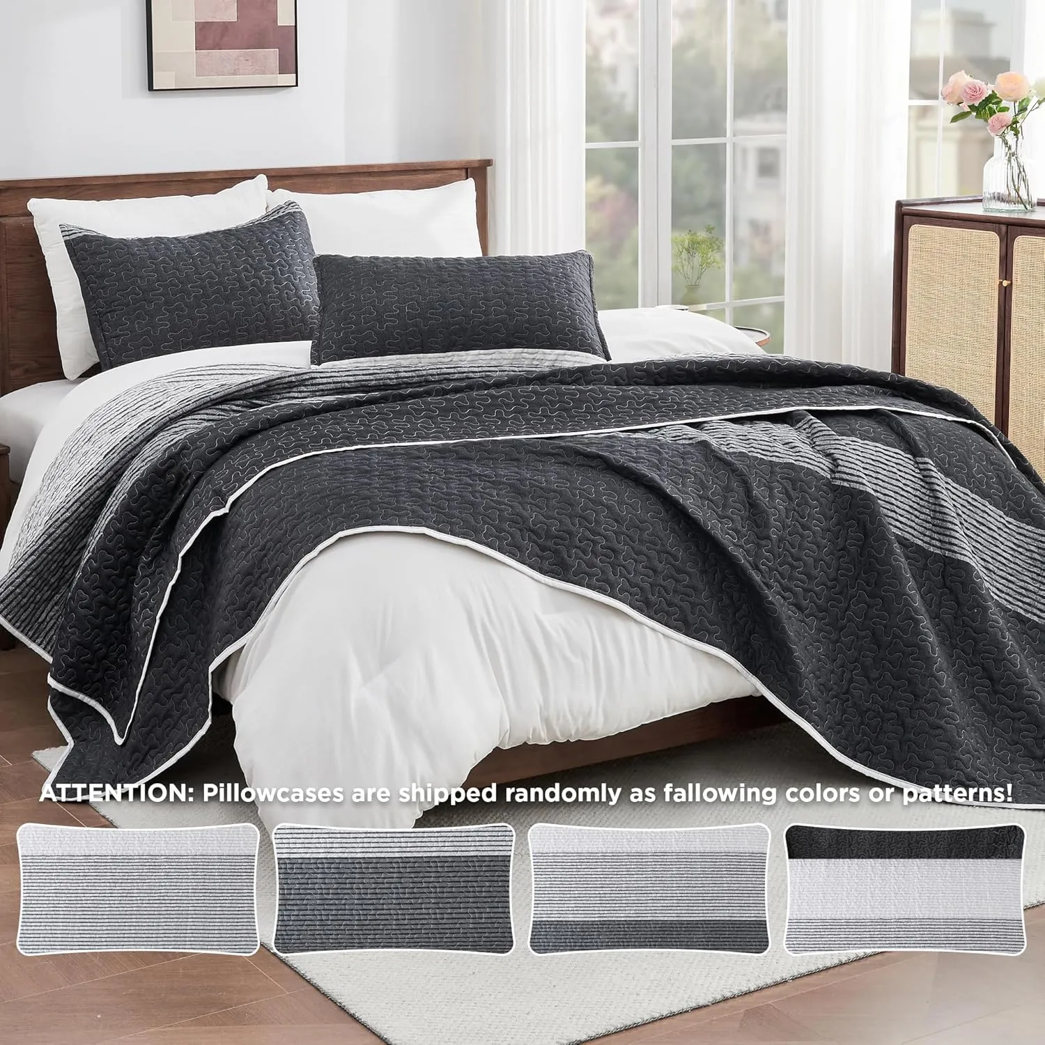 Andency King Size Quilt Set Black and White, 3 Pieces Grey Ultra Soft Lightweight Bedspreads & Coverlets Set, Patchwork Striped Quilted Bedding Sets for All Seasons (1 Quilt, 2 Pillow Shams)