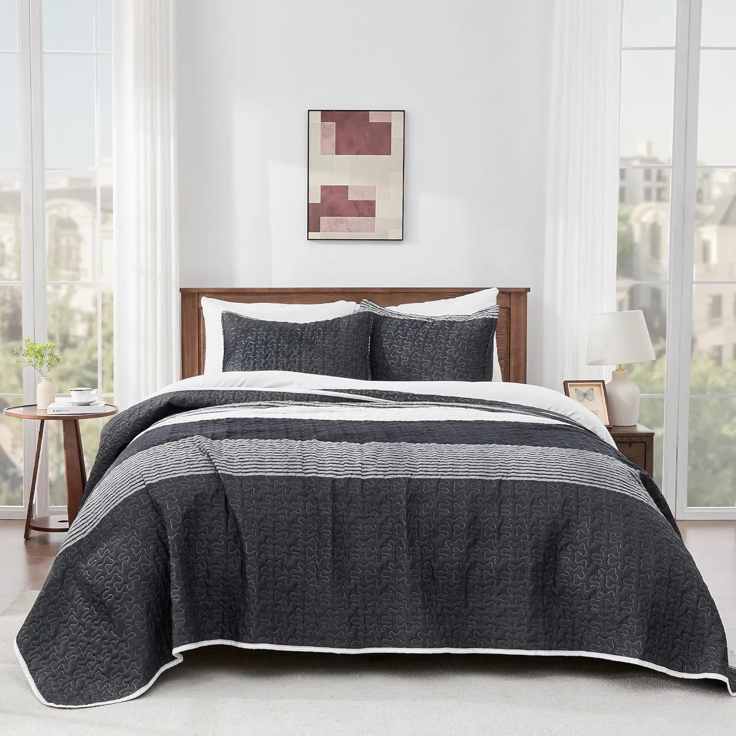 Andency King Size Quilt Set Black and White, 3 Pieces Grey Ultra Soft Lightweight Bedspreads & Coverlets Set, Patchwork Striped Quilted Bedding Sets for All Seasons (1 Quilt, 2 Pillow Shams)