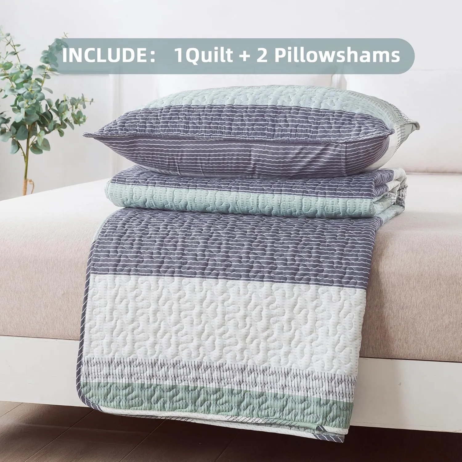 Andency King Size Quilt Set Sage Green, 3 Pieces Mint Green Ultra Soft Lightweight Bedspreads & Coverlets Set, Patchwork Striped Quilted Bedding Sets for All Seasons (1 Quilt, 2 Pillow Shams)