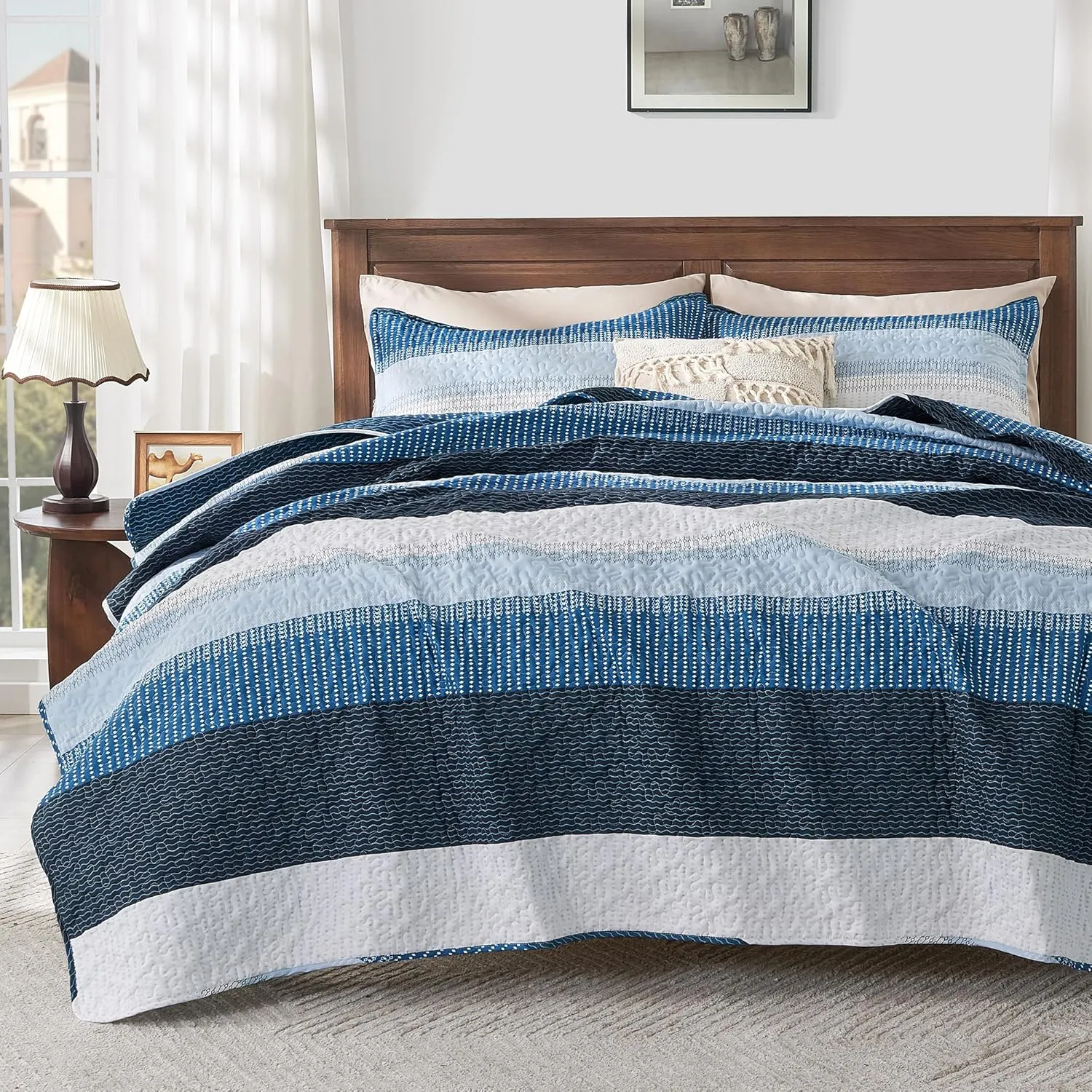 Andency Navy Blue Striped Quilt King(106x96Inch), 3 Pieces (1 Quilt and 2 Pillowcases) Patchwork Bedspread Coverlet Set, Soft Microfiber Quilted Bedding Set