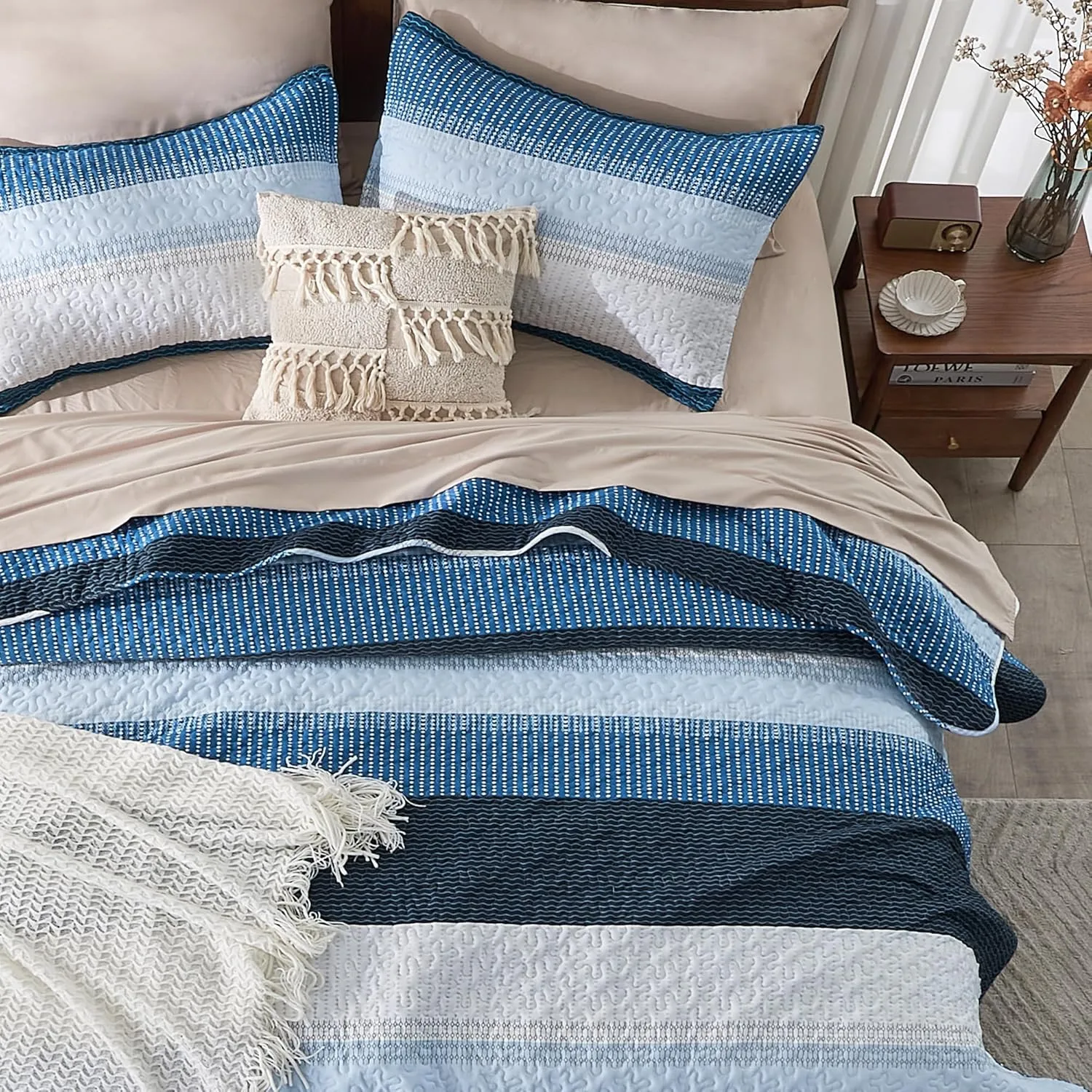 Andency Navy Blue Striped Quilt King(106x96Inch), 3 Pieces (1 Quilt and 2 Pillowcases) Patchwork Bedspread Coverlet Set, Soft Microfiber Quilted Bedding Set
