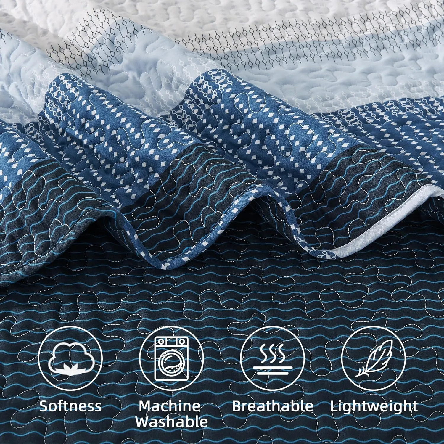 Andency Navy Blue Striped Quilt King(106x96Inch), 3 Pieces (1 Quilt and 2 Pillowcases) Patchwork Bedspread Coverlet Set, Soft Microfiber Quilted Bedding Set