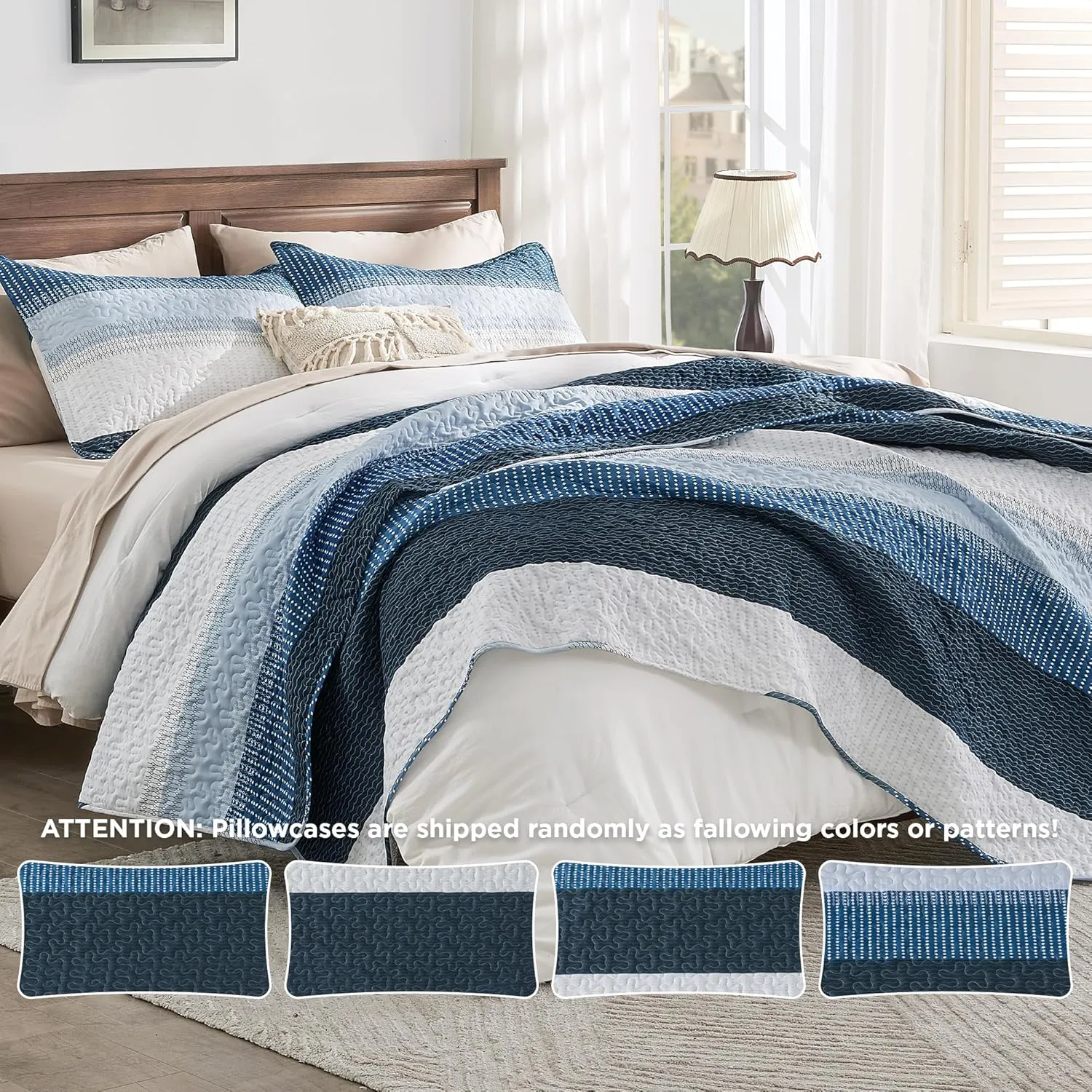 Andency Navy Blue Striped Quilt King(106x96Inch), 3 Pieces (1 Quilt and 2 Pillowcases) Patchwork Bedspread Coverlet Set, Soft Microfiber Quilted Bedding Set