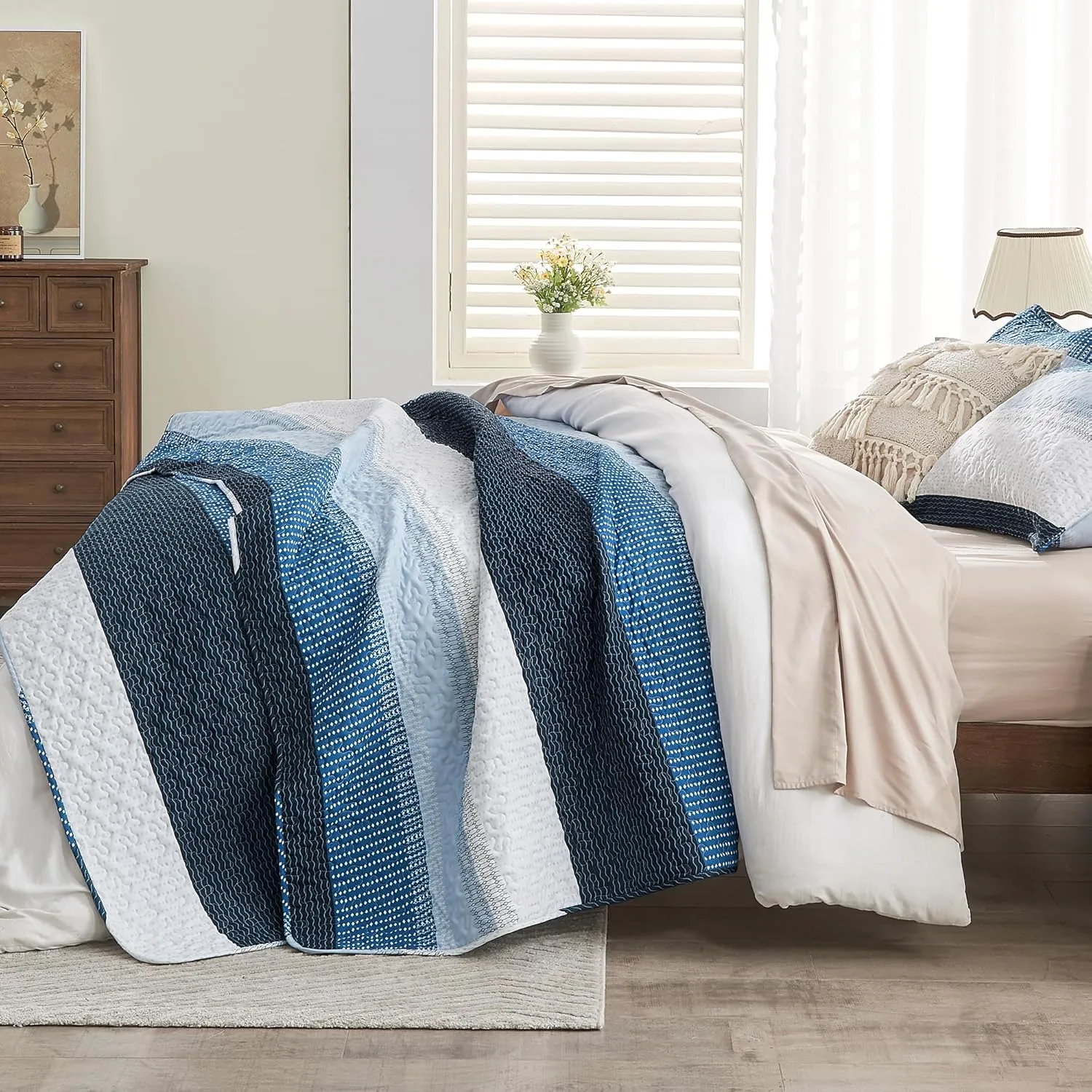 Andency Navy Blue Striped Quilt King(106x96Inch), 3 Pieces (1 Quilt and 2 Pillowcases) Patchwork Bedspread Coverlet Set, Soft Microfiber Quilted Bedding Set