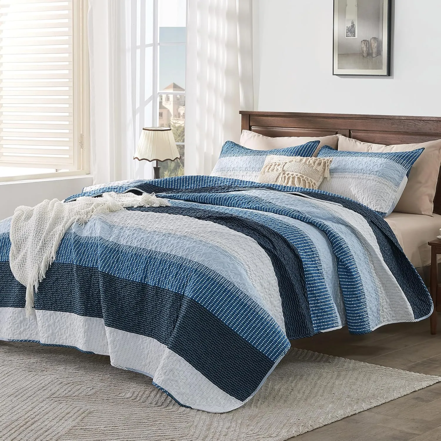 Andency Navy Blue Striped Quilt King(106x96Inch), 3 Pieces (1 Quilt and 2 Pillowcases) Patchwork Bedspread Coverlet Set, Soft Microfiber Quilted Bedding Set