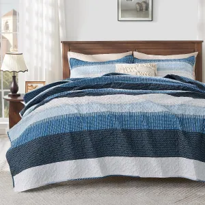 Andency Navy Blue Striped Quilt King(106x96Inch), 3 Pieces (1 Quilt and 2 Pillowcases) Patchwork Bedspread Coverlet Set, Soft Microfiber Quilted Bedding Set