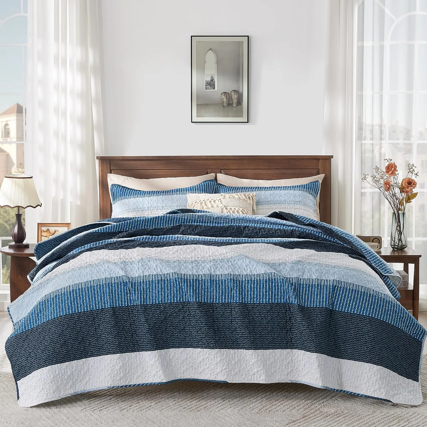 Andency Navy Blue Striped Quilt King(106x96Inch), 3 Pieces (1 Quilt and 2 Pillowcases) Patchwork Bedspread Coverlet Set, Soft Microfiber Quilted Bedding Set