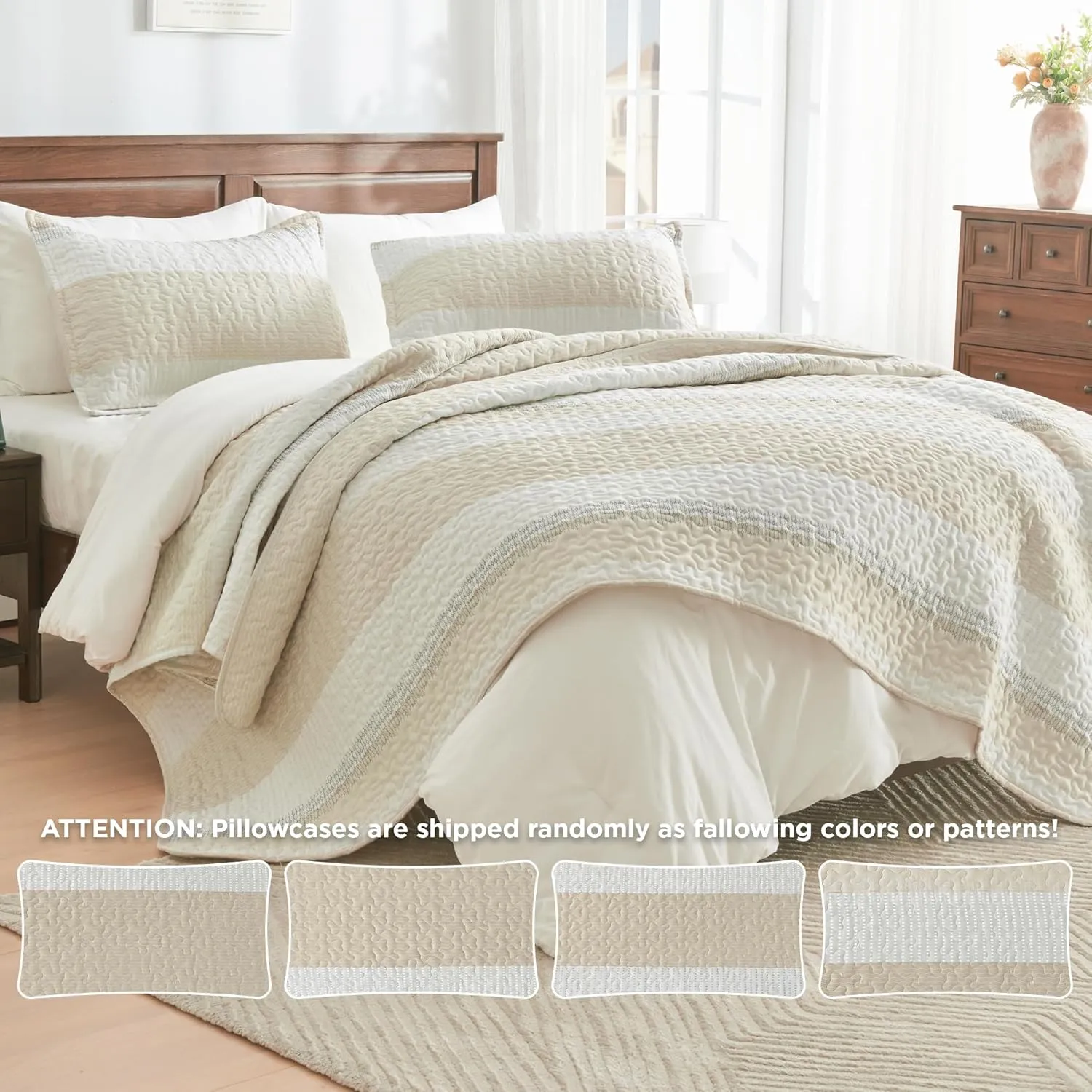 Andency Queen Quilt Bedding Set Beige, 3 Pieces Patchwork Beige Striped Ultra Soft Lightweight Bedspreads, Coverlets Set with 2 Pillow Shams for All Seasons (90"x96")