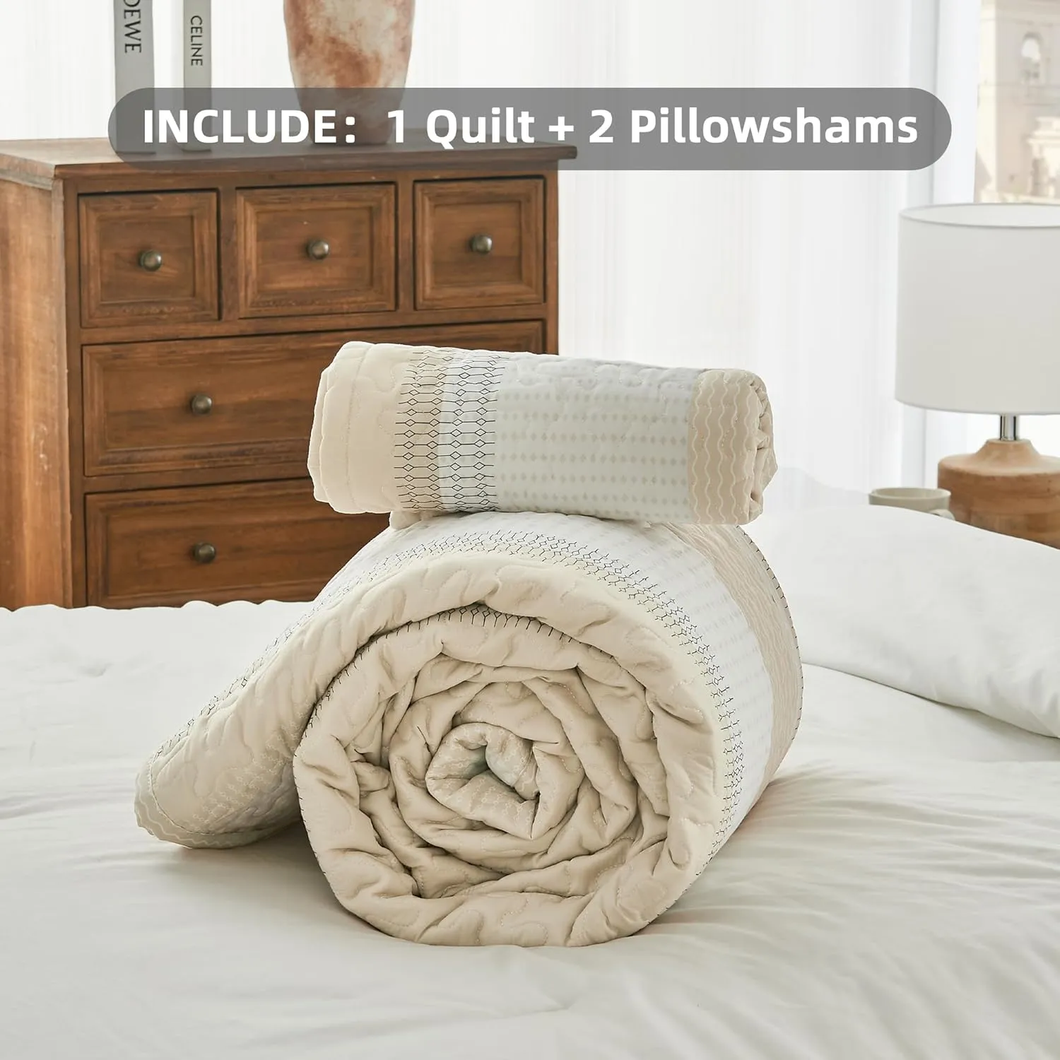 Andency Queen Quilt Bedding Set Beige, 3 Pieces Patchwork Beige Striped Ultra Soft Lightweight Bedspreads, Coverlets Set with 2 Pillow Shams for All Seasons (90"x96")
