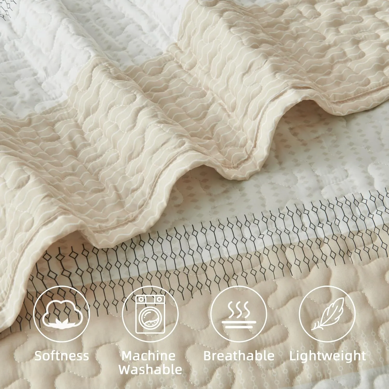 Andency Queen Quilt Bedding Set Beige, 3 Pieces Patchwork Beige Striped Ultra Soft Lightweight Bedspreads, Coverlets Set with 2 Pillow Shams for All Seasons (90"x96")