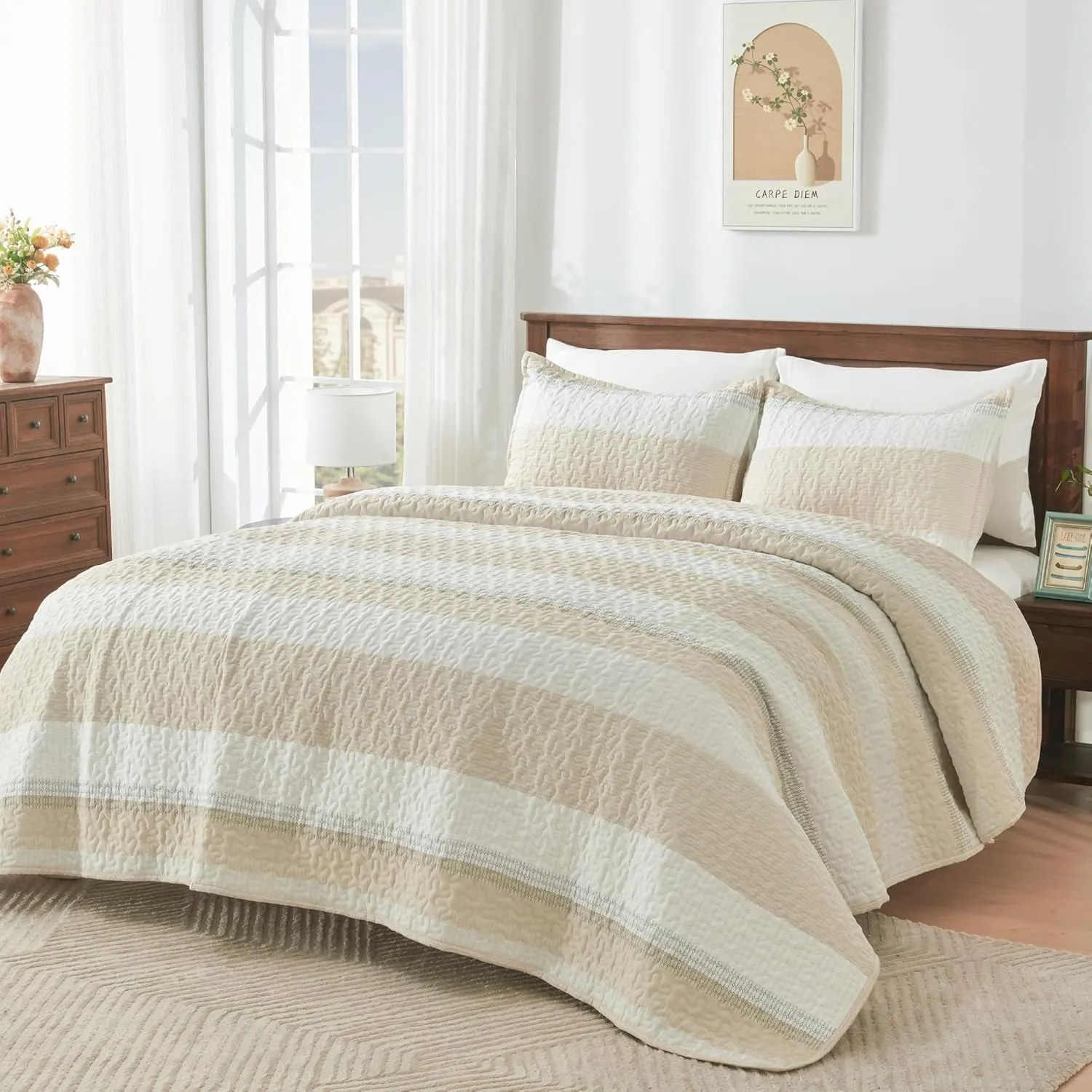 Andency Queen Quilt Bedding Set Beige, 3 Pieces Patchwork Beige Striped Ultra Soft Lightweight Bedspreads, Coverlets Set with 2 Pillow Shams for All Seasons (90"x96")