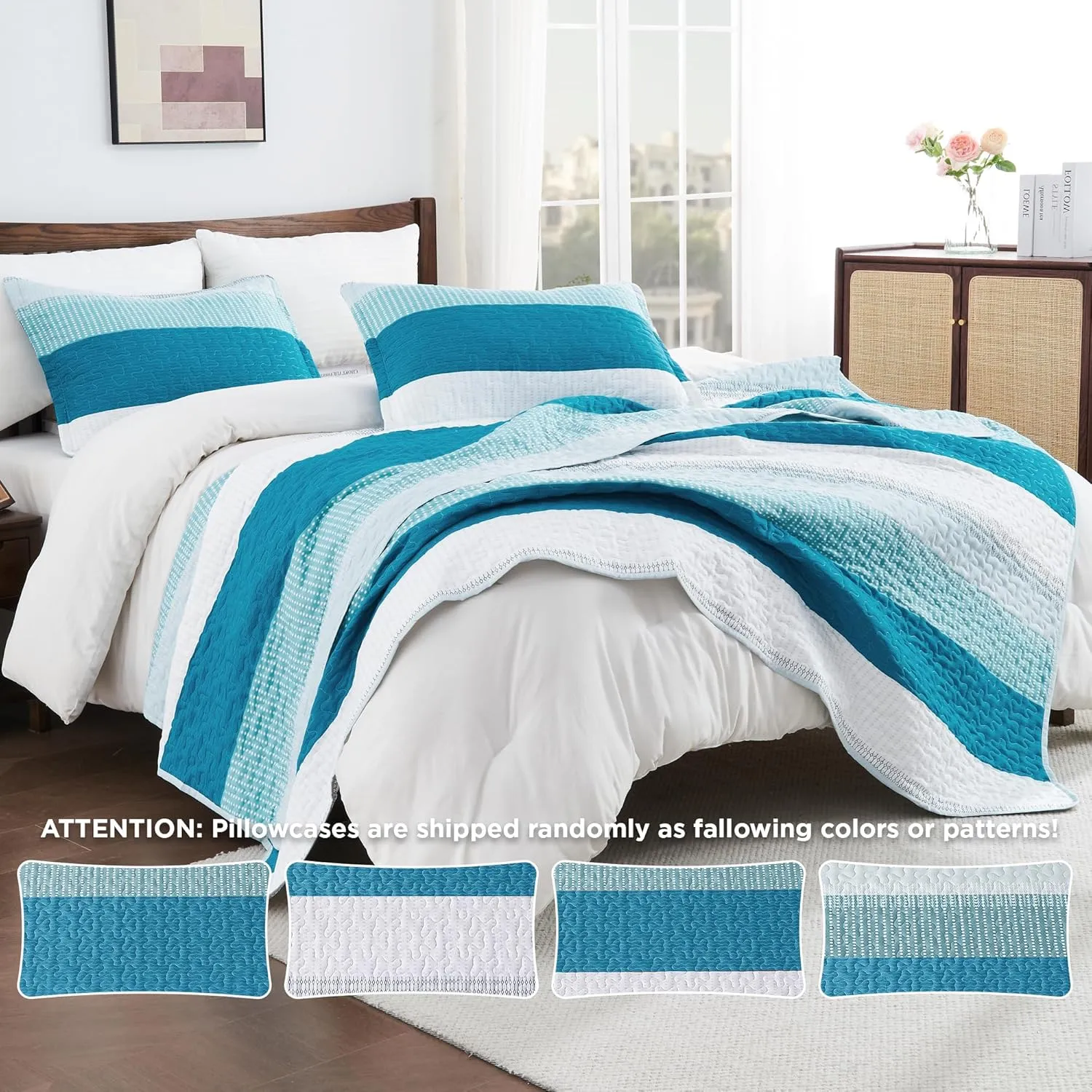 Andency Teal and White Striped Quilt King(106x96Inch), 3 Pieces (1 Quilt and 2 Pillowcases) Patchwork Bedspread Coverlet Set, Soft Microfiber Quilted Bedding Set