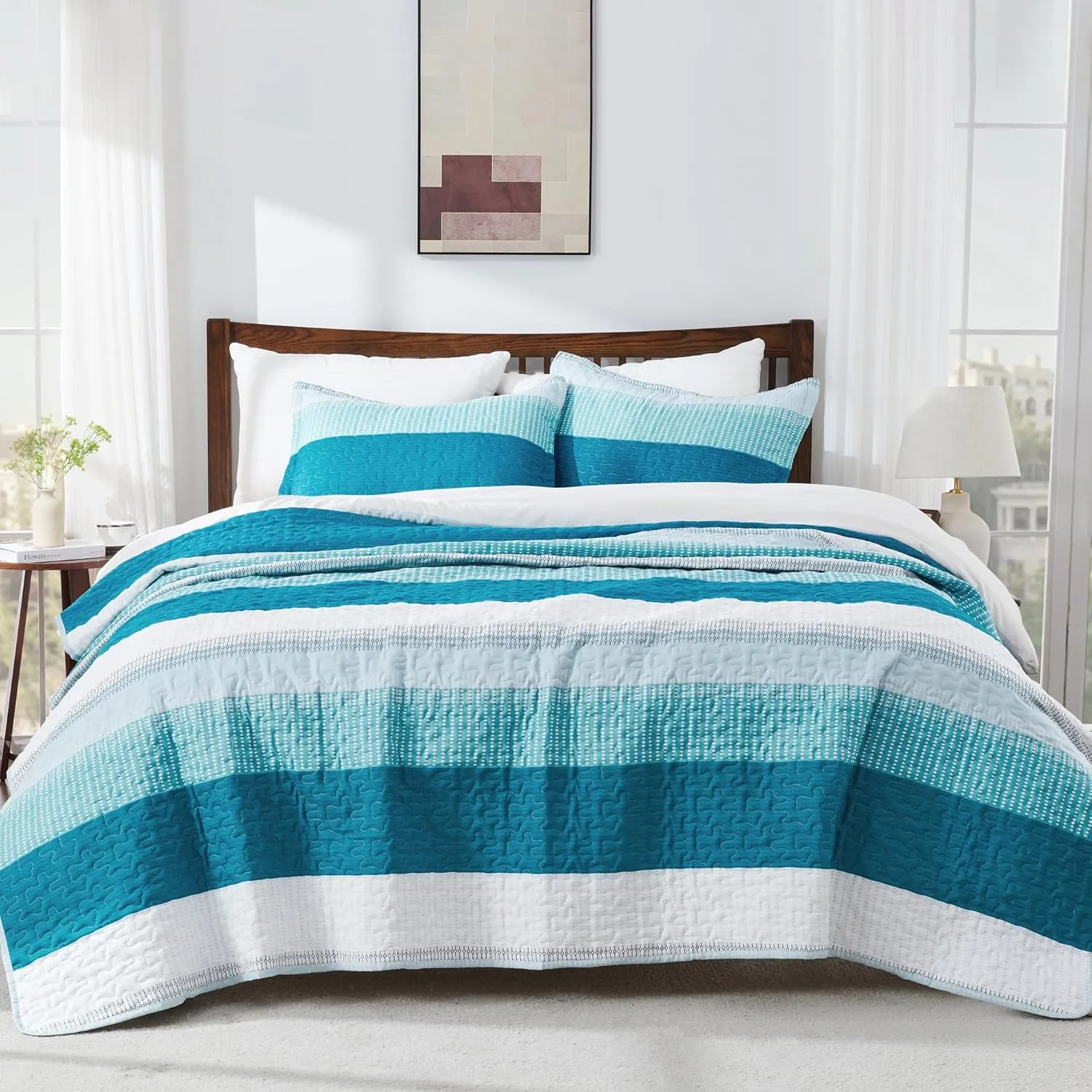 Andency Teal and White Striped Quilt King(106x96Inch), 3 Pieces (1 Quilt and 2 Pillowcases) Patchwork Bedspread Coverlet Set, Soft Microfiber Quilted Bedding Set