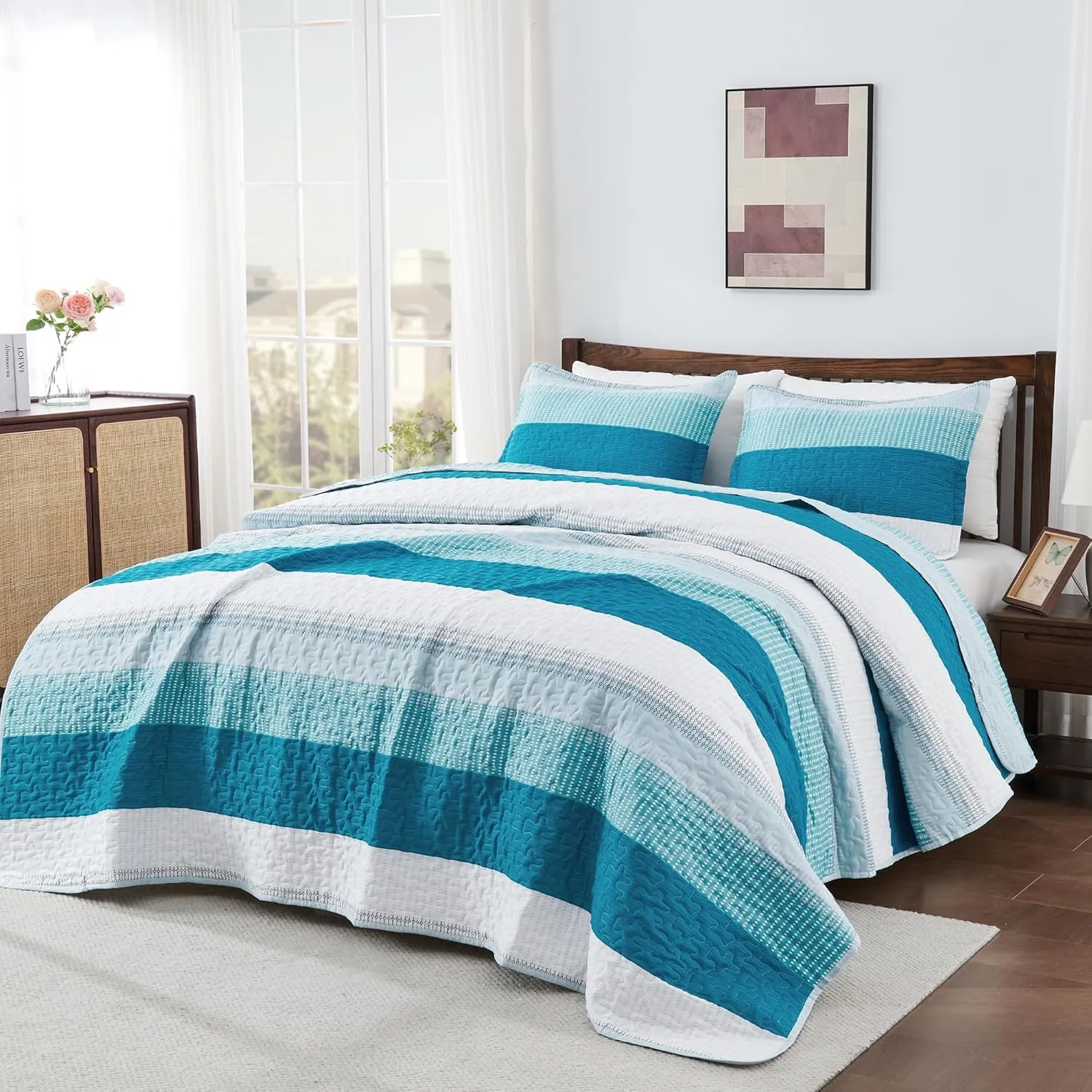 Andency Teal and White Striped Quilt King(106x96Inch), 3 Pieces (1 Quilt and 2 Pillowcases) Patchwork Bedspread Coverlet Set, Soft Microfiber Quilted Bedding Set