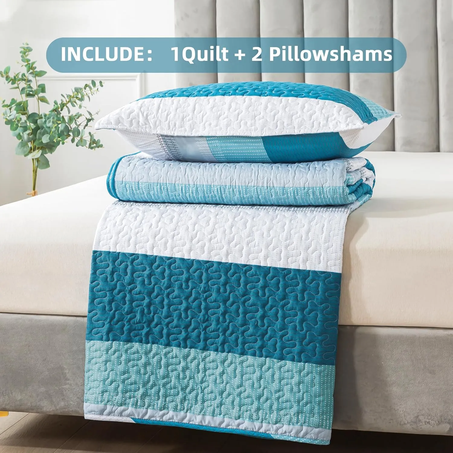 Andency Teal and White Striped Quilt King(106x96Inch), 3 Pieces (1 Quilt and 2 Pillowcases) Patchwork Bedspread Coverlet Set, Soft Microfiber Quilted Bedding Set