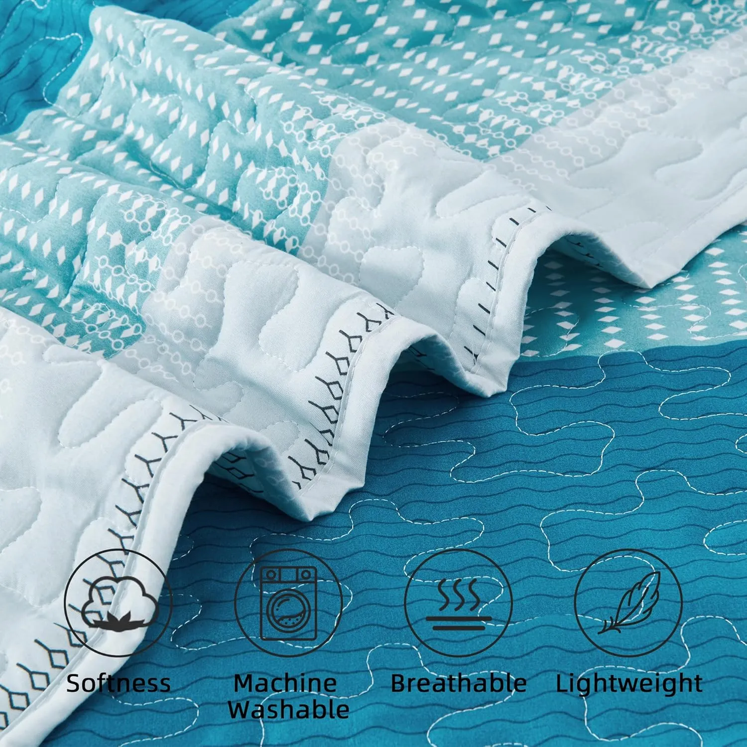 Andency Teal and White Striped Quilt King(106x96Inch), 3 Pieces (1 Quilt and 2 Pillowcases) Patchwork Bedspread Coverlet Set, Soft Microfiber Quilted Bedding Set