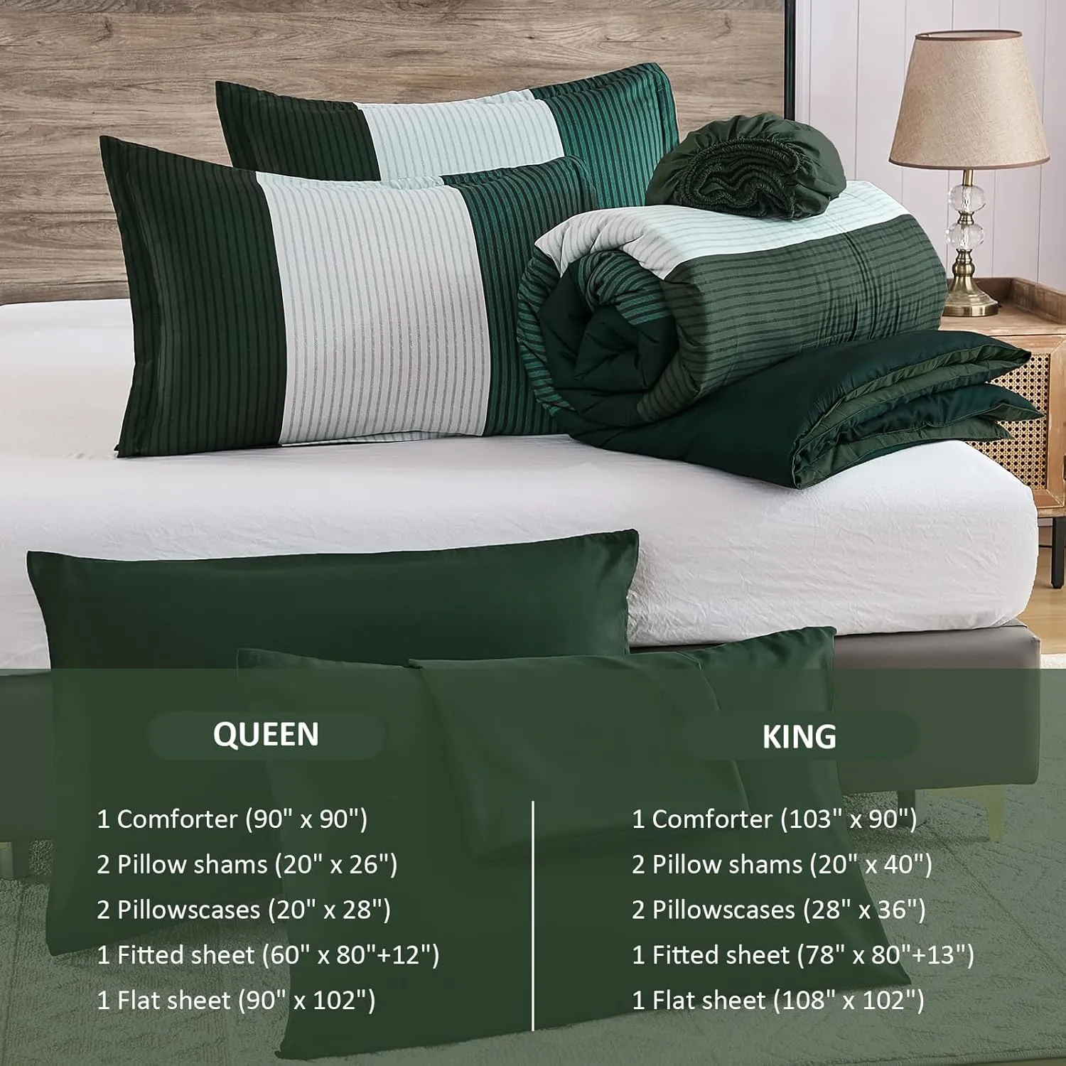 Anibedding 7 Piece Bed in a Bag Stripe King Size Comforter Set, Dark Green Soft Microfiber Striped All Season Bedding with Comforter, Pillow Shams, Flat Sheet, Fitted Sheet and Pillowcases