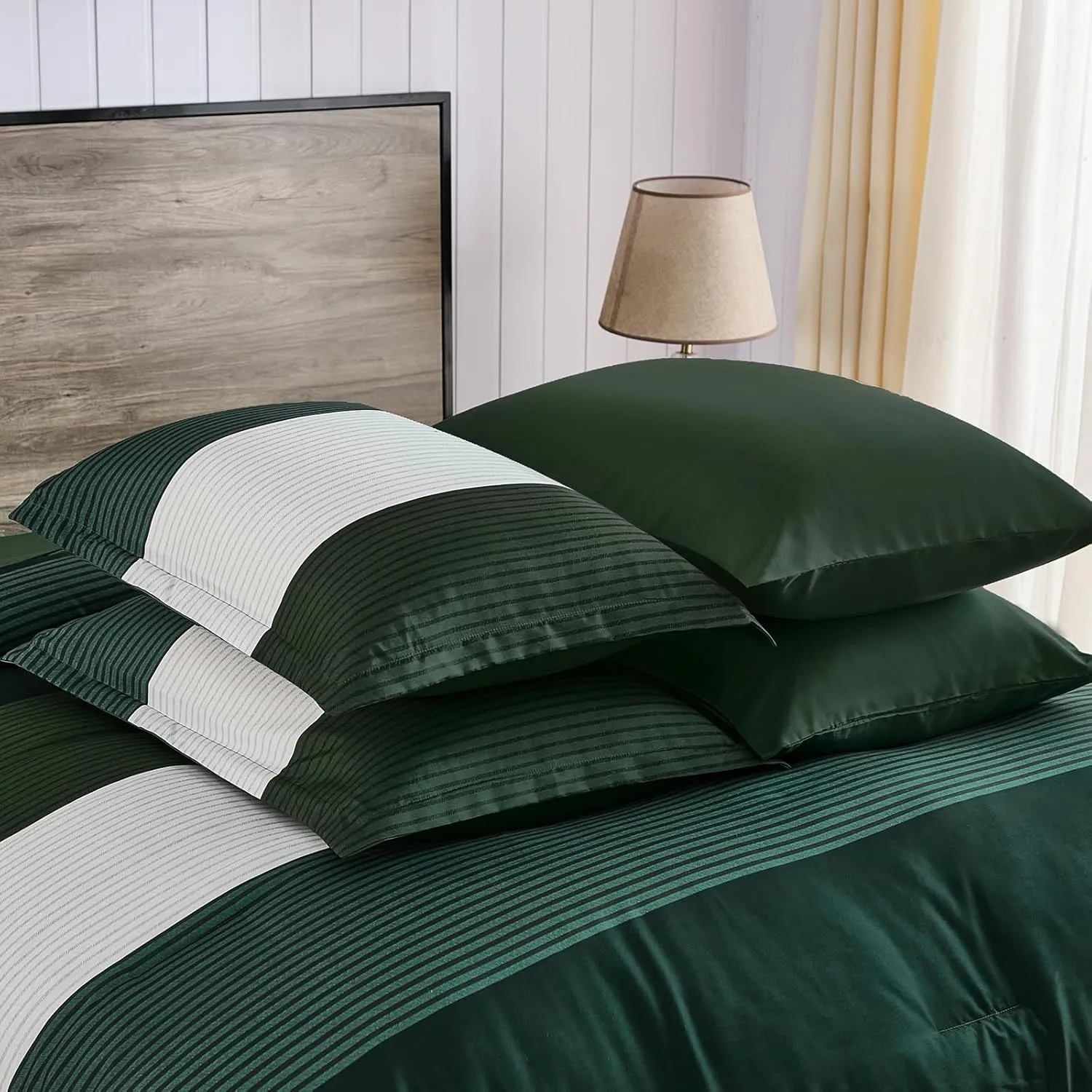 Anibedding 7 Piece Bed in a Bag Stripe King Size Comforter Set, Dark Green Soft Microfiber Striped All Season Bedding with Comforter, Pillow Shams, Flat Sheet, Fitted Sheet and Pillowcases